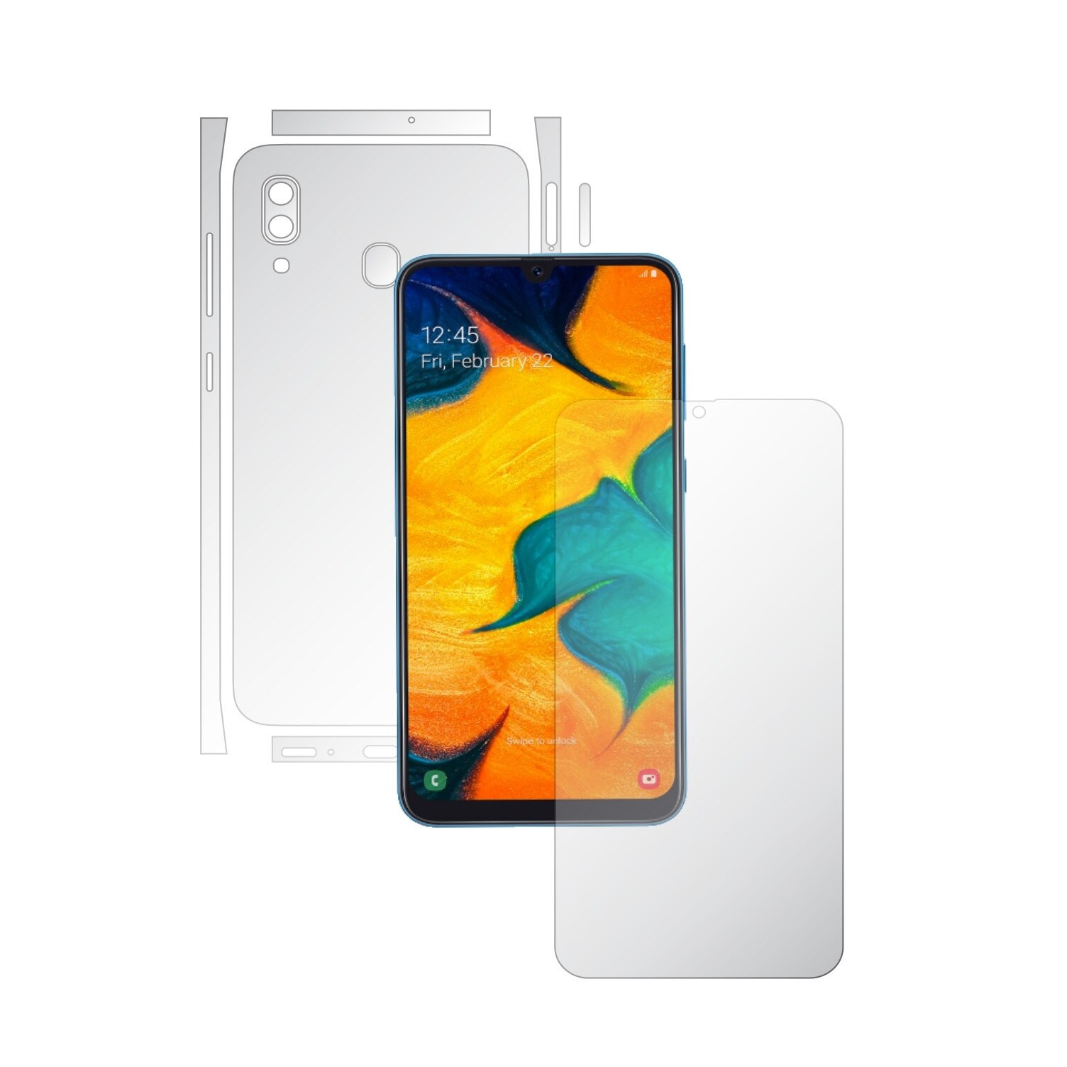 Folie Full Body Invisible Skinz HD pentru Samsung Galaxy A30 - Folie Protectie Siliconica Ultra-Clear cu taiere Split Cut pentru Ecran, Carcasa Spate si Laterale, Skin Adeziv Transparent, Edge to Edge Cover
