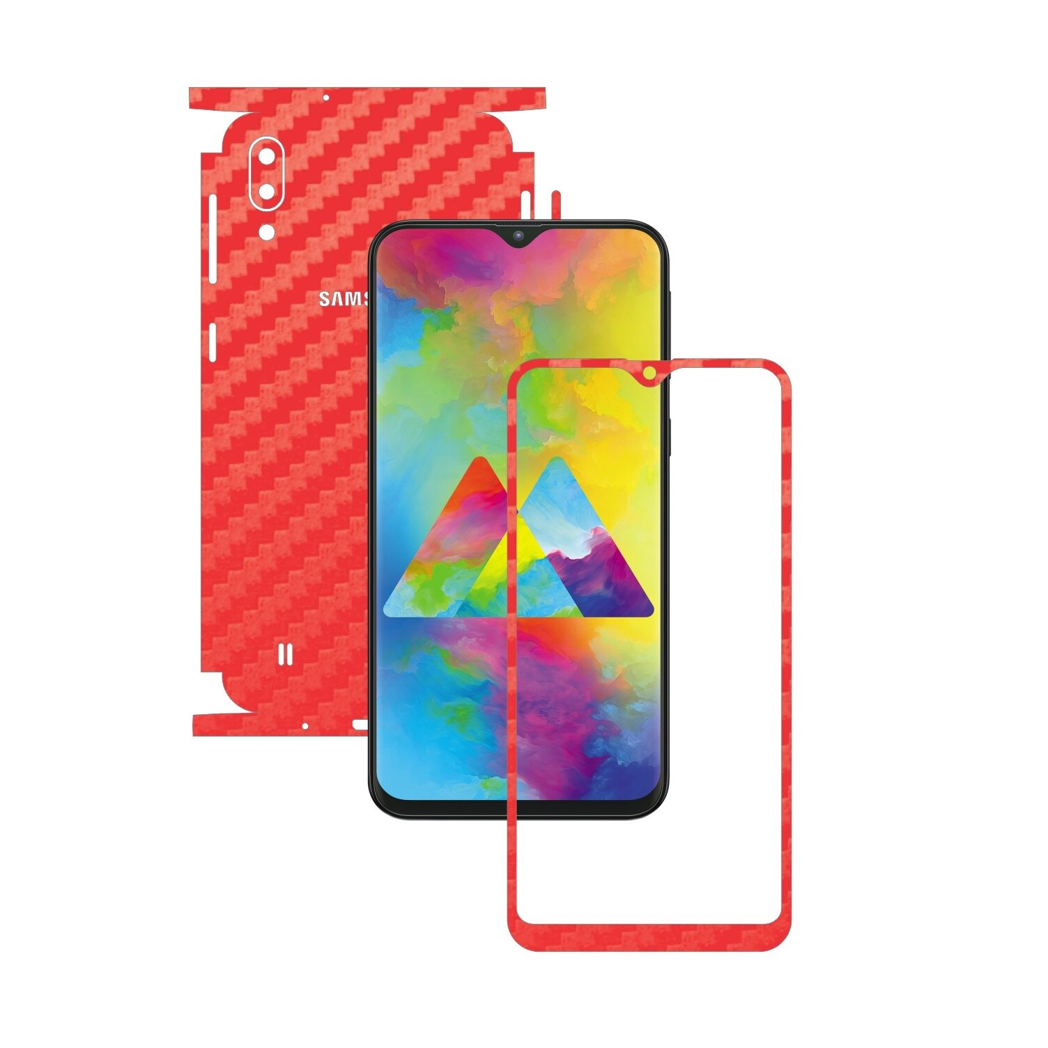 Folie Protectie Carbon Skinz pentru Samsung Galaxy M10 - Carbon Rosu 360 Cut, Skin Adeziv Full Body Cover pentru Rama Ecran, Carcasa Spate si Laterale