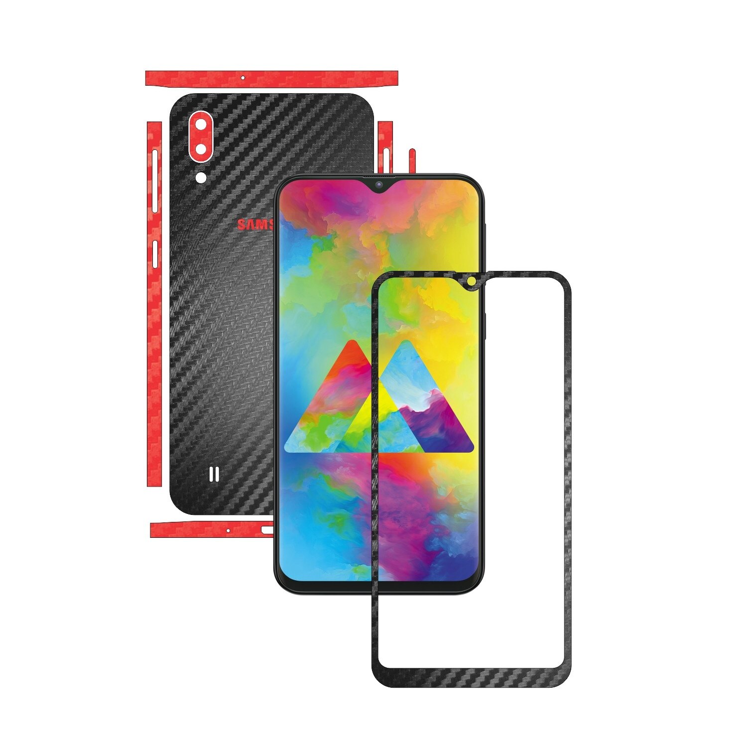 Folie Protectie Carbon Skinz pentru Samsung Galaxy M10 - Carbon Two Tone Negru / Rosu, Skin Adeziv Full Body Cover pentru Rama Ecran, Carcasa Spate si Laterale