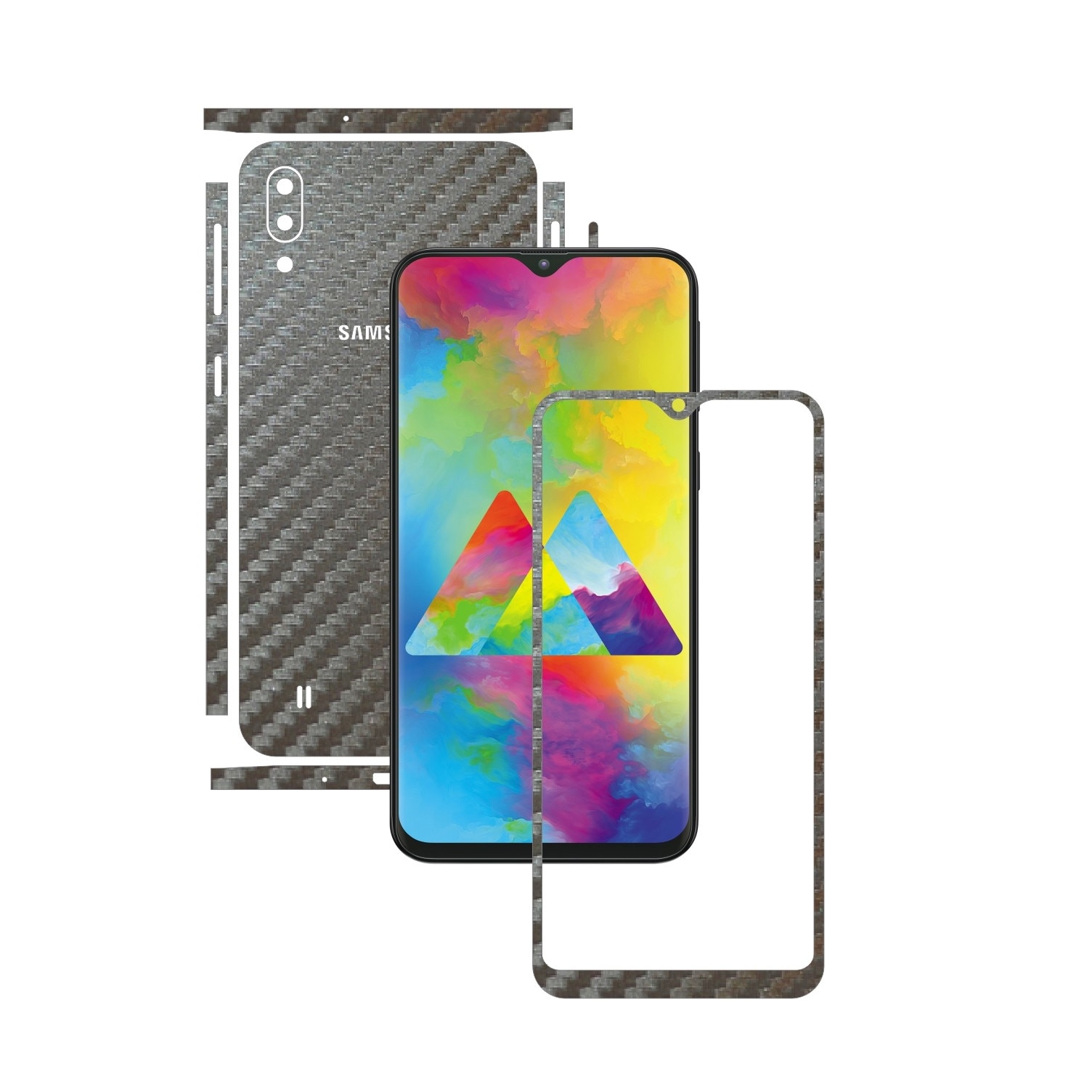 Folie Protectie Carbon Skinz pentru Samsung Galaxy M10 - Carbon Gri Argintiu Split Cut, Skin Adeziv Full Body Cover pentru Rama Ecran, Carcasa Spate si Laterale