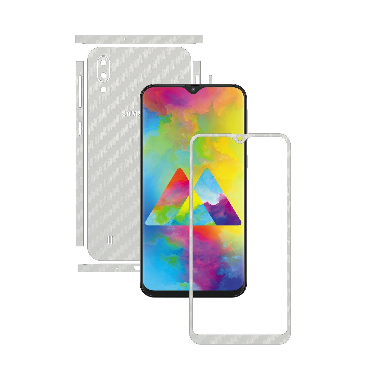 Folie Protectie Carbon Skinz pentru Samsung Galaxy M10 - Carbon Alb Split Cut, Skin Adeziv Full Body Cover pentru Rama Ecran, Carcasa Spate si Laterale