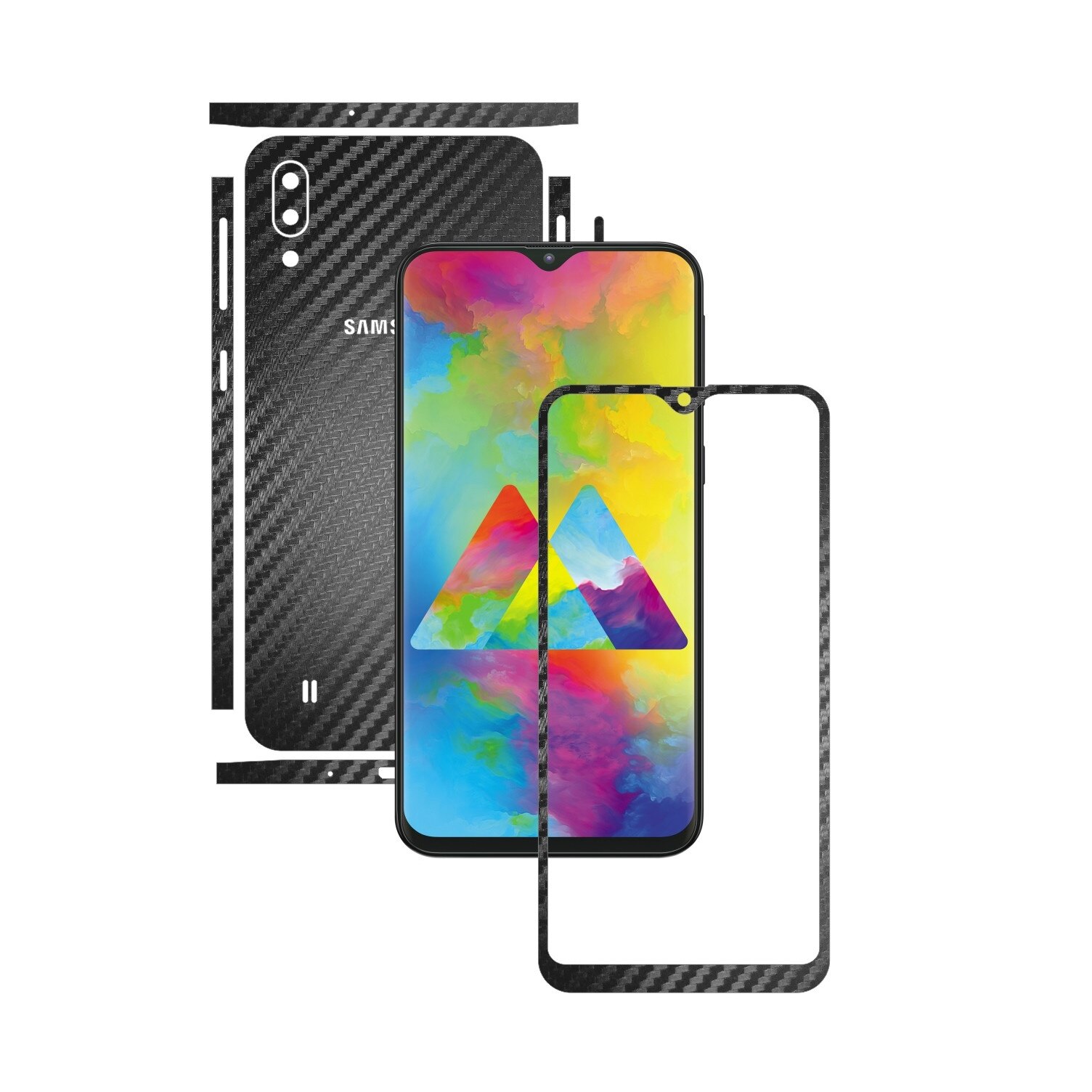Folie Protectie Carbon Skinz pentru Samsung Galaxy M10 - Carbon Negru Split Cut, Skin Adeziv Full Body Cover pentru Rama Ecran, Carcasa Spate si Laterale