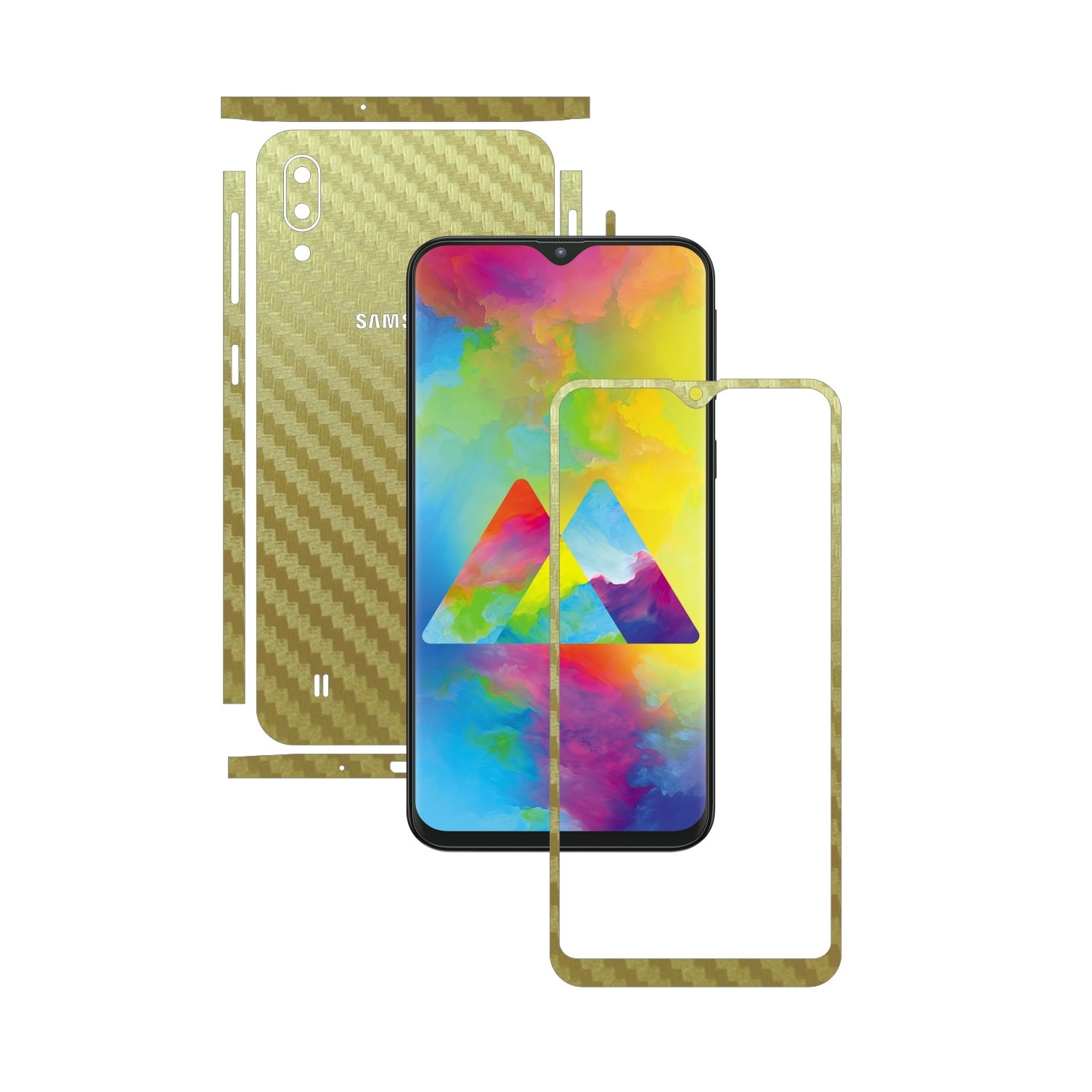 Folie Protectie Carbon Skinz pentru Samsung Galaxy M10 - Carbon Auriu Split Cut, Skin Adeziv Full Body Cover pentru Rama Ecran, Carcasa Spate si Laterale