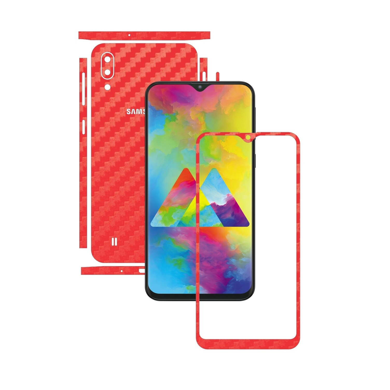 Folie Protectie Carbon Skinz pentru Samsung Galaxy M10 - Carbon Rosu Split Cut, Skin Adeziv Full Body Cover pentru Rama Ecran, Carcasa Spate si Laterale
