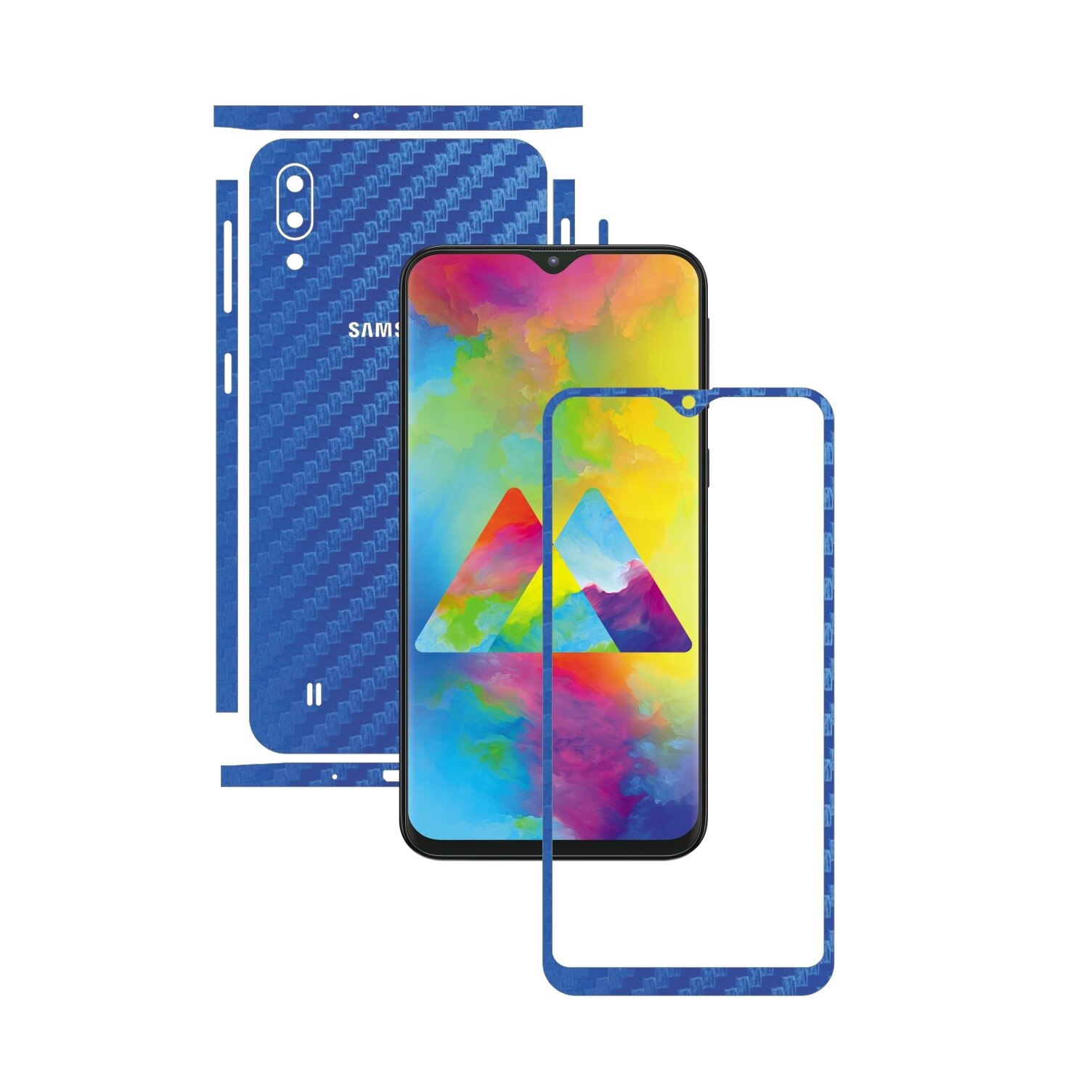 Folie Protectie Carbon Skinz pentru Samsung Galaxy M10 - Carbon Albastru Split Cut, Skin Adeziv Full Body Cover pentru Rama Ecran, Carcasa Spate si Laterale