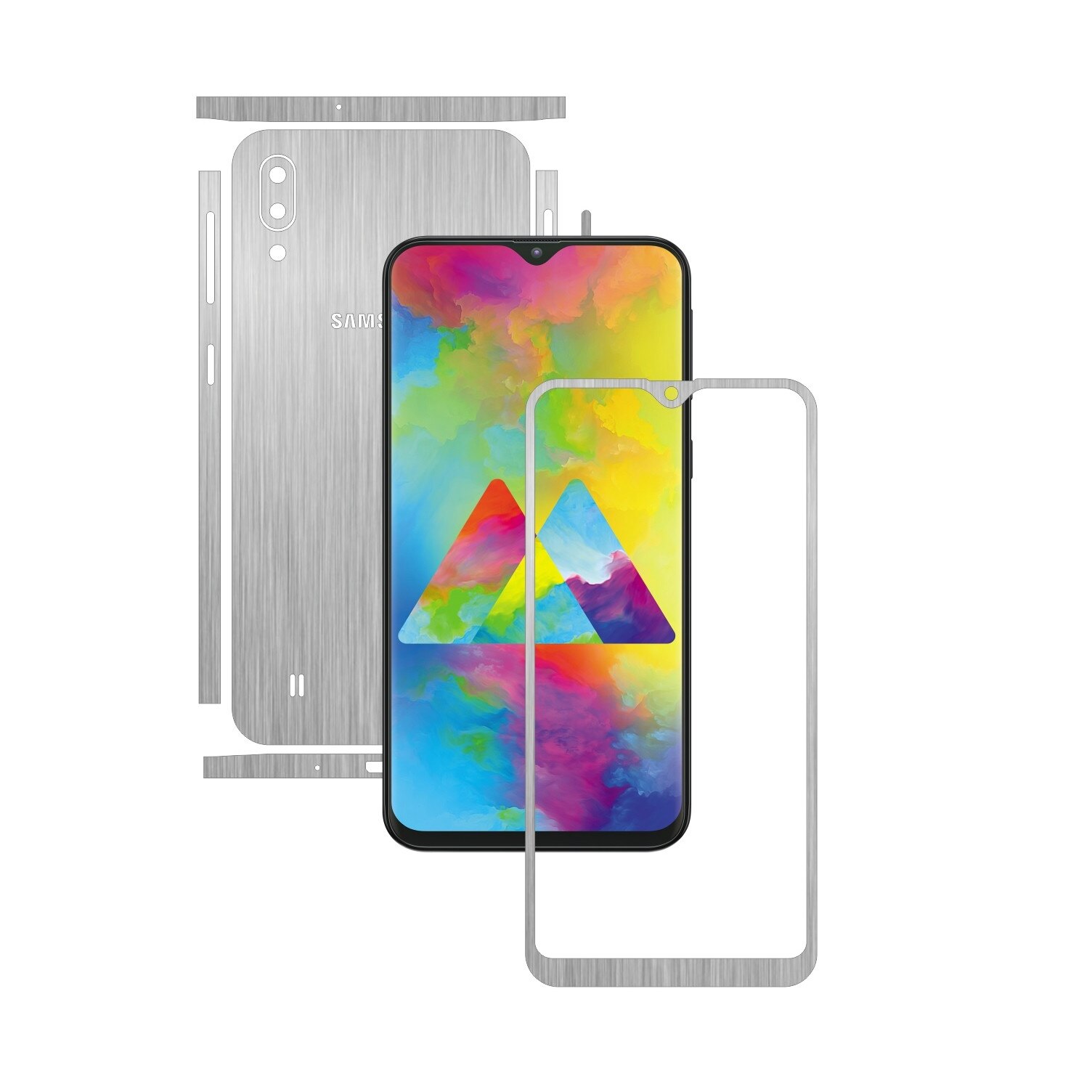 Folie Protectie Carbon Skinz pentru Samsung Galaxy M10 - Brushed Argintiu Split Cut, Skin Adeziv Full Body Cover pentru Rama Ecran, Carcasa Spate si Laterale