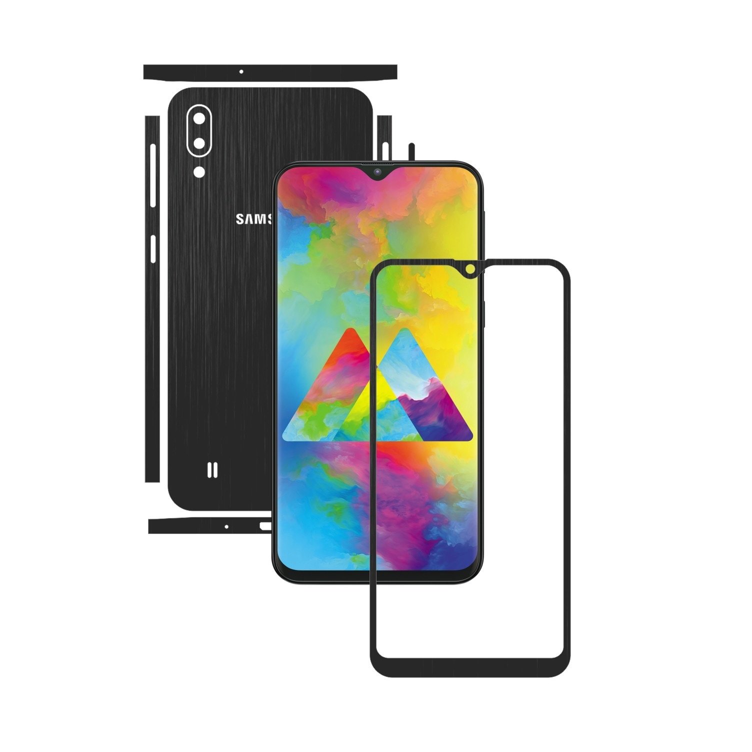 Folie Protectie Carbon Skinz pentru Samsung Galaxy M10 - Brushed Negru Split Cut, Skin Adeziv Full Body Cover pentru Rama Ecran, Carcasa Spate si Laterale