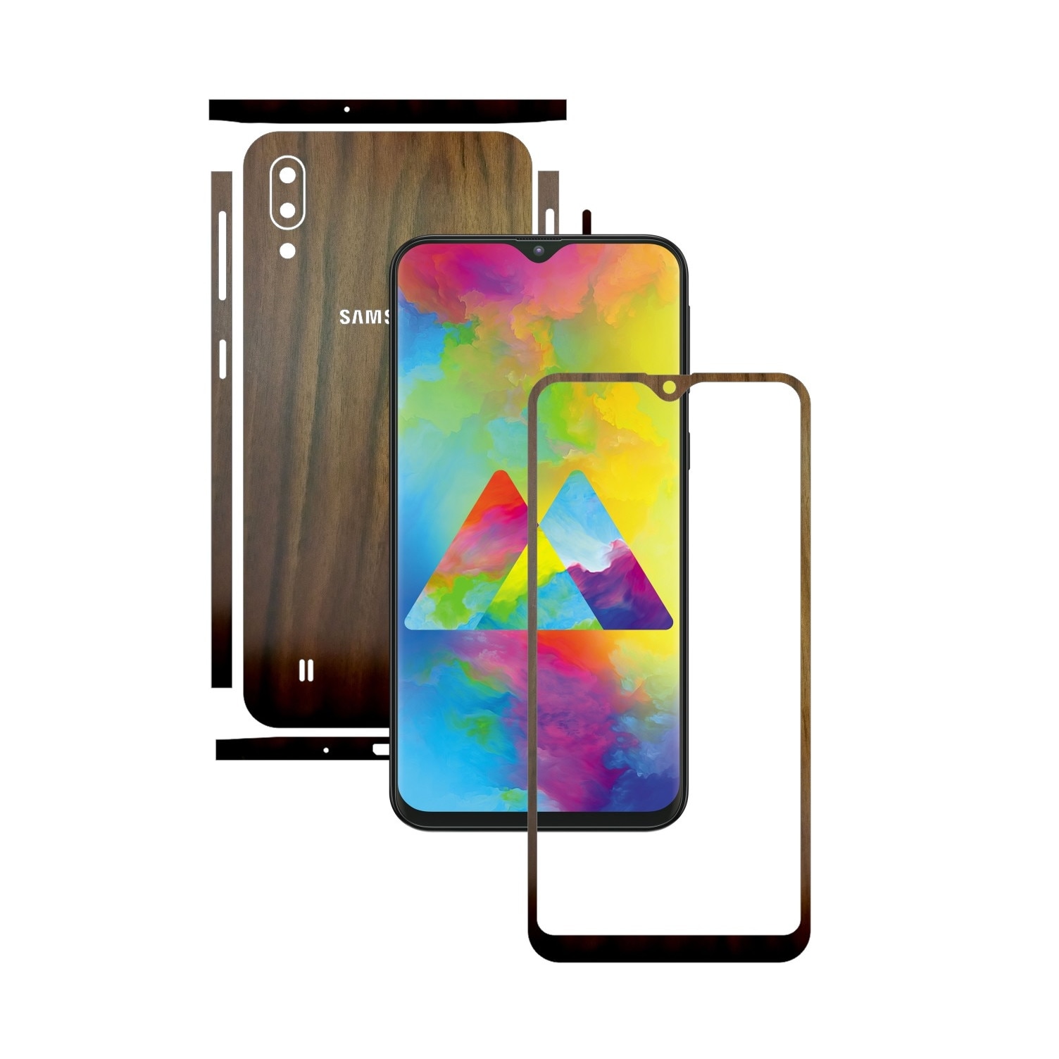 Folie Protectie Carbon Skinz pentru Samsung Galaxy M10 - Lemn Nuc Split Cut, Skin Adeziv Full Body Cover pentru Rama Ecran, Carcasa Spate si Laterale