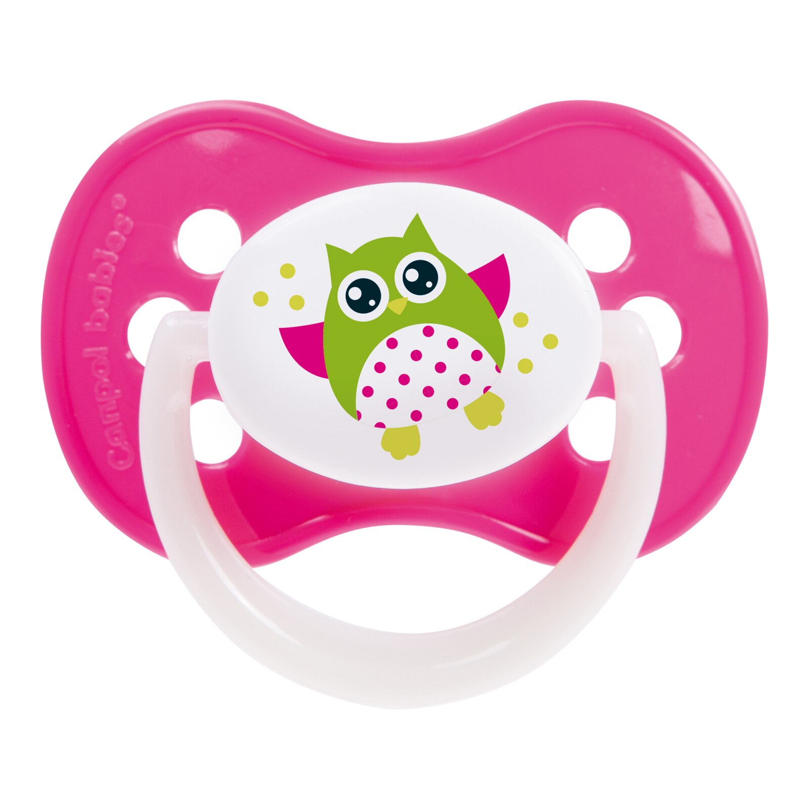 Suzeta „Owls“ cu inel fosforescent si tetina simetrica silicon, Canpol babies®, fara BPA, 0-6 luni, roz Roz