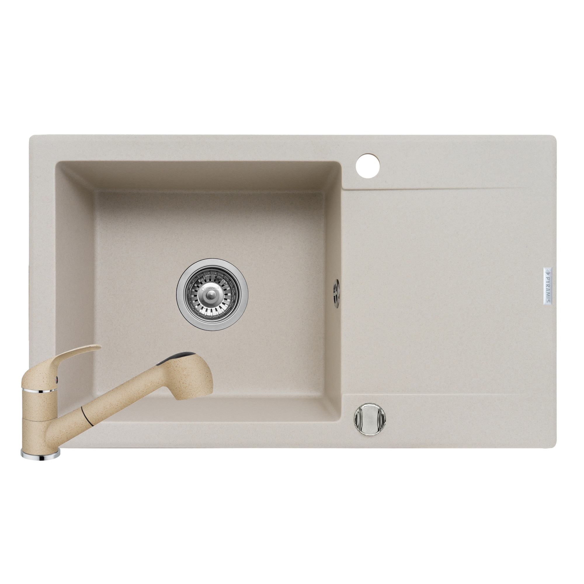 Set Pyramis chiuveta granit MIDO PLUS si baterie FIDO, 780x460mm, reversibila, adancime 190mm, cap extractabil, finisaj bej