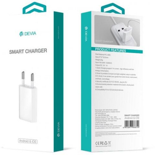Incarcator Retea USB DEVIA Smart 1A, 1 X USB, Alb