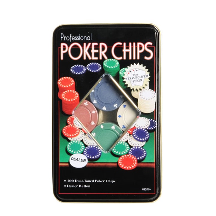Set Poker cu 100 chips poker in cutie metalica, buton dealer, jetoane 4 culori de 1, 5 10 si 25 plus carti joc