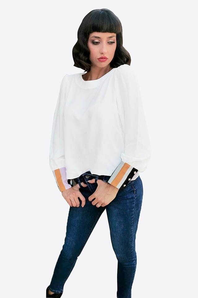 Bluza lane alba cu mansete in dungi Hermosa, Alb, 2XL