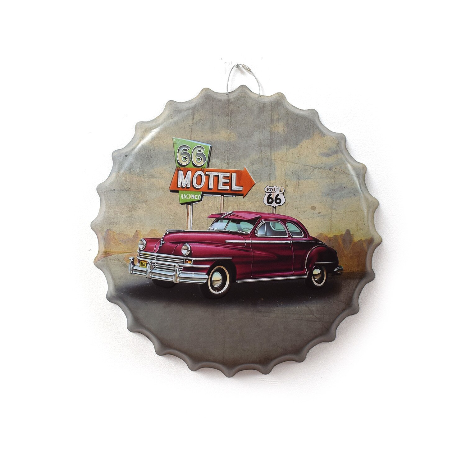 Tablou metalic volumetric tip capsa Motel Route 66 D32, diametru 40 cm