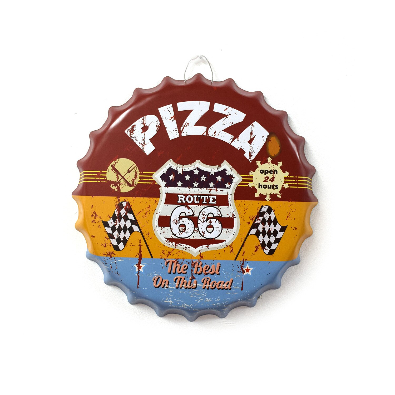 Tablou metalic volumetric tip capsa Pizza Route 66 D32, diametru 40 cm