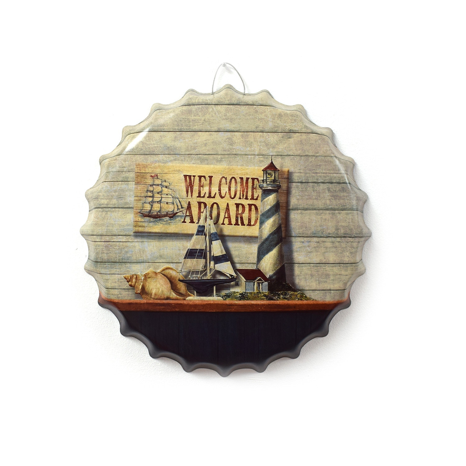 Tablou metalic volumetric tip capsa Bord Marina D32, diametru 40 cm