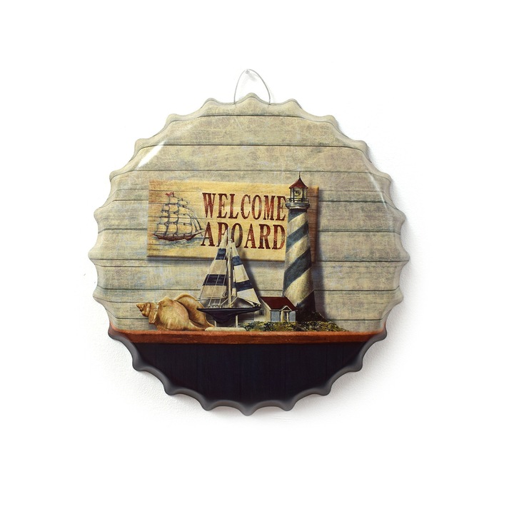 Tablou metalic volumetric tip capsa Bord Marina D32, diametru 40 cm