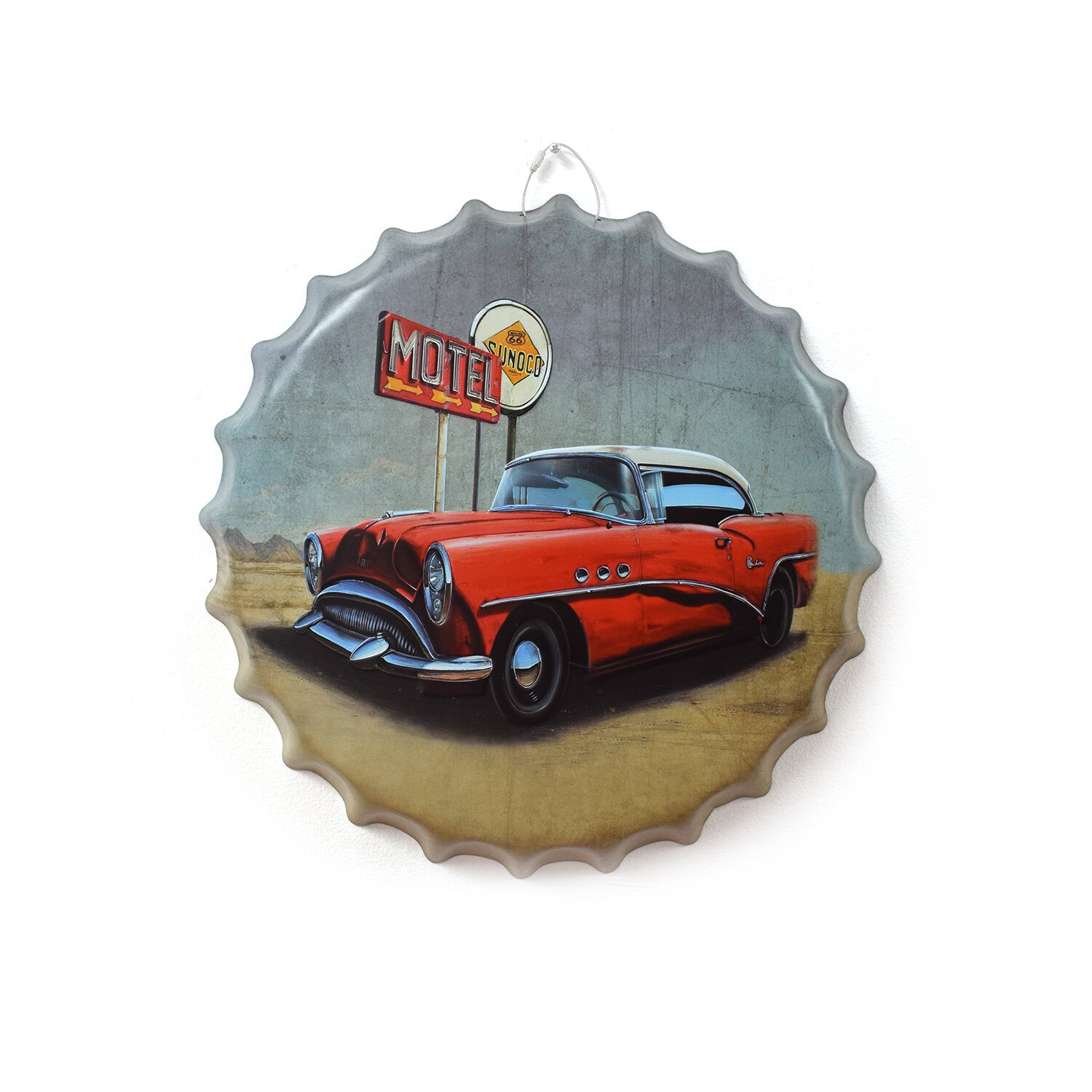 Tablou metalic volumetric tip capsa Vintage Car D32, diametru 40 cm