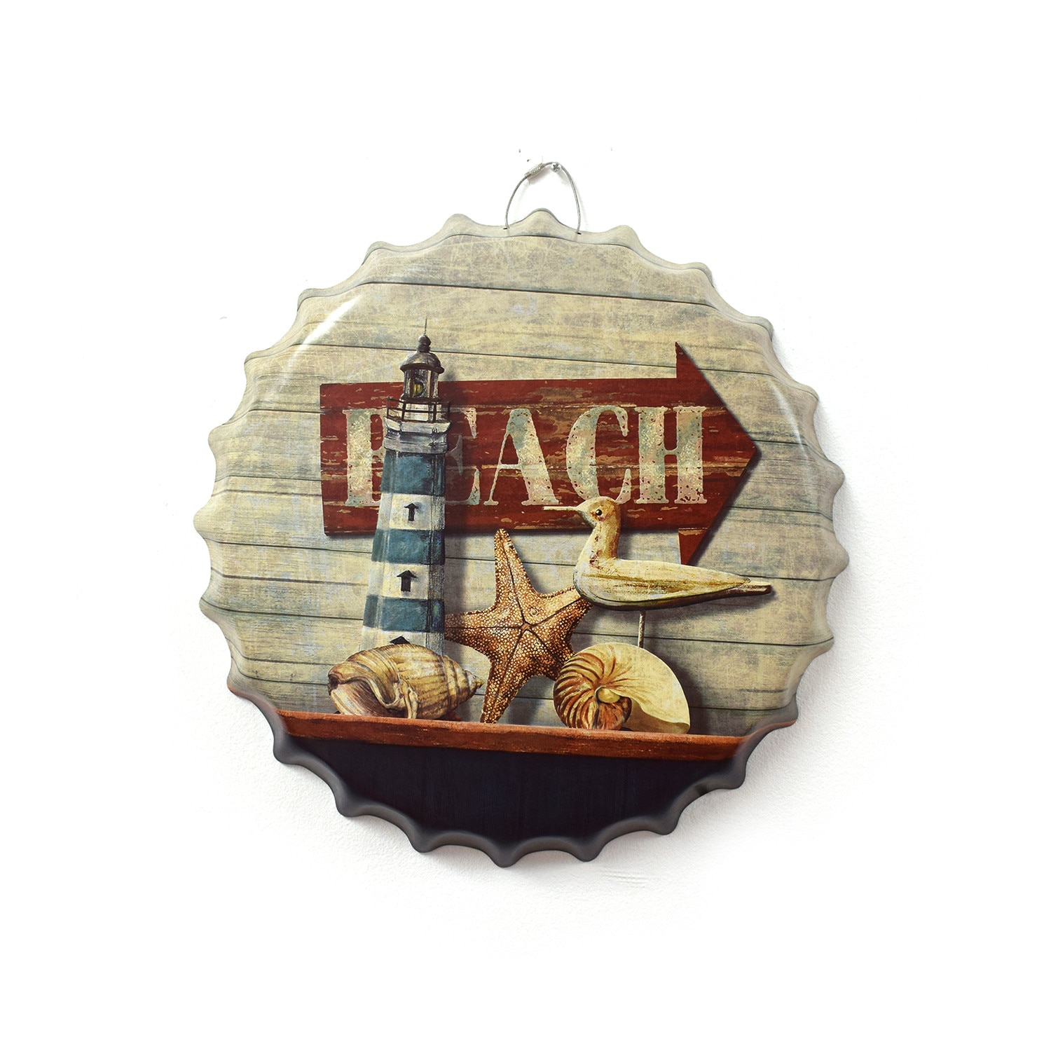 Tablou metalic volumetric tip capsa Beach D32, diametru 40 cm