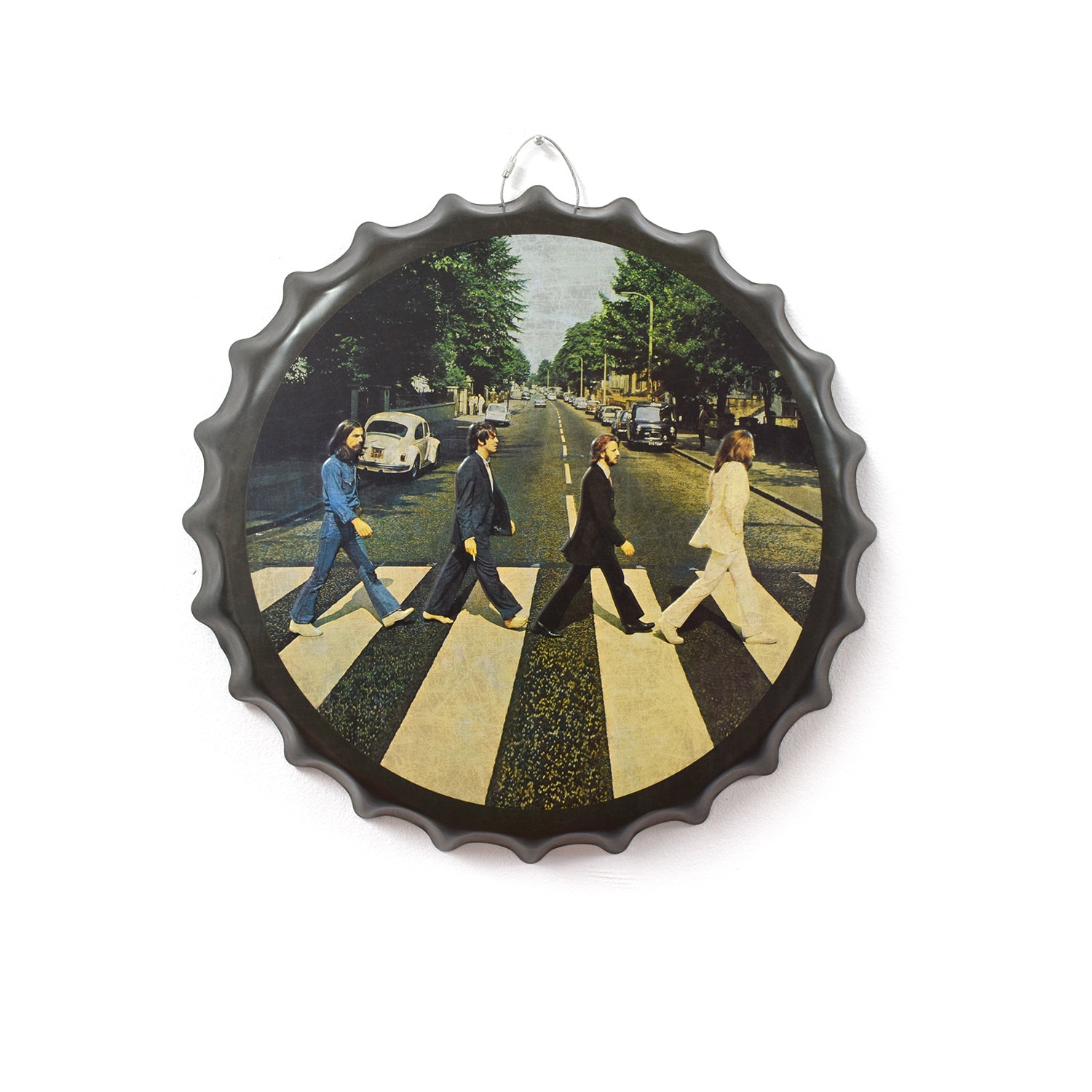 Tablou metalic volumetric tip capsa Beatles D32, diametru 40 cm