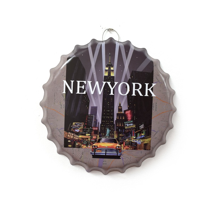 Tablou metalic volumetric tip capsa New York Taxi D32, diametru 40 cm
