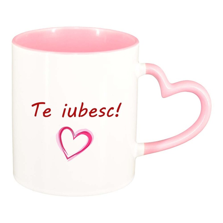 Cana "Te iubesc...", interior roz, maner inima, 330ml, D1022