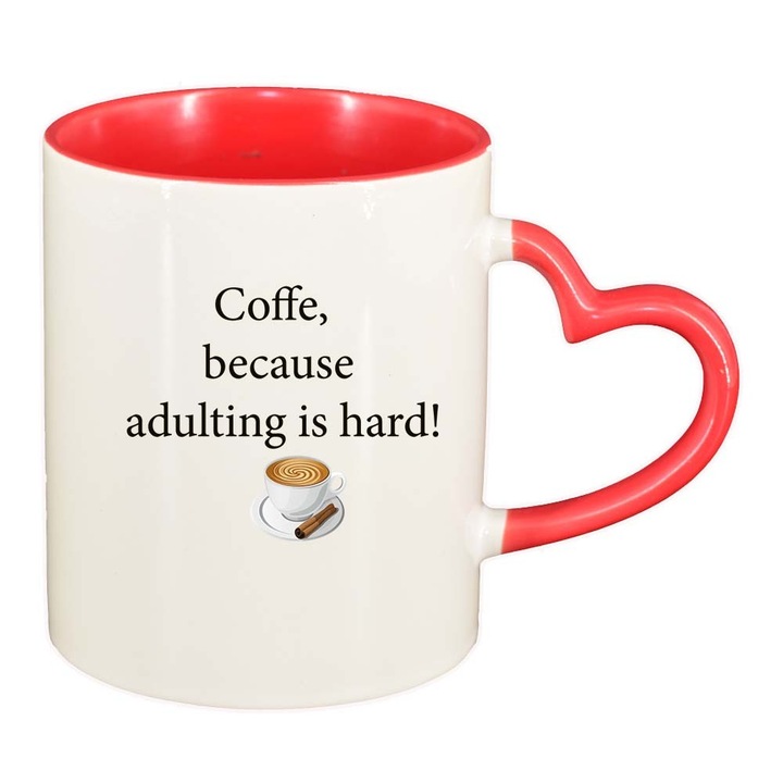 Чаша "Coffee love", червен интериор, дръжка сърце, 330 мл, D1032