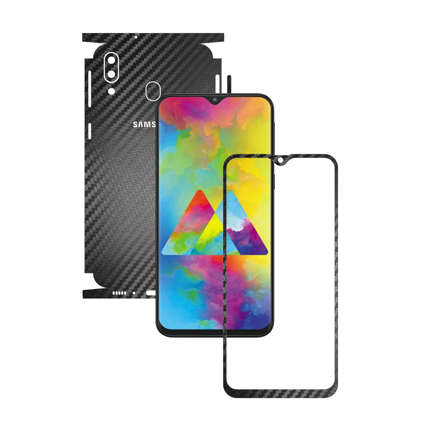 Folie Protectie Carbon Skinz pentru Samsung Galaxy M20 - Carbon Negru 360 Cut, Skin Adeziv Full Body Cover pentru Rama Ecran, Carcasa Spate si Laterale