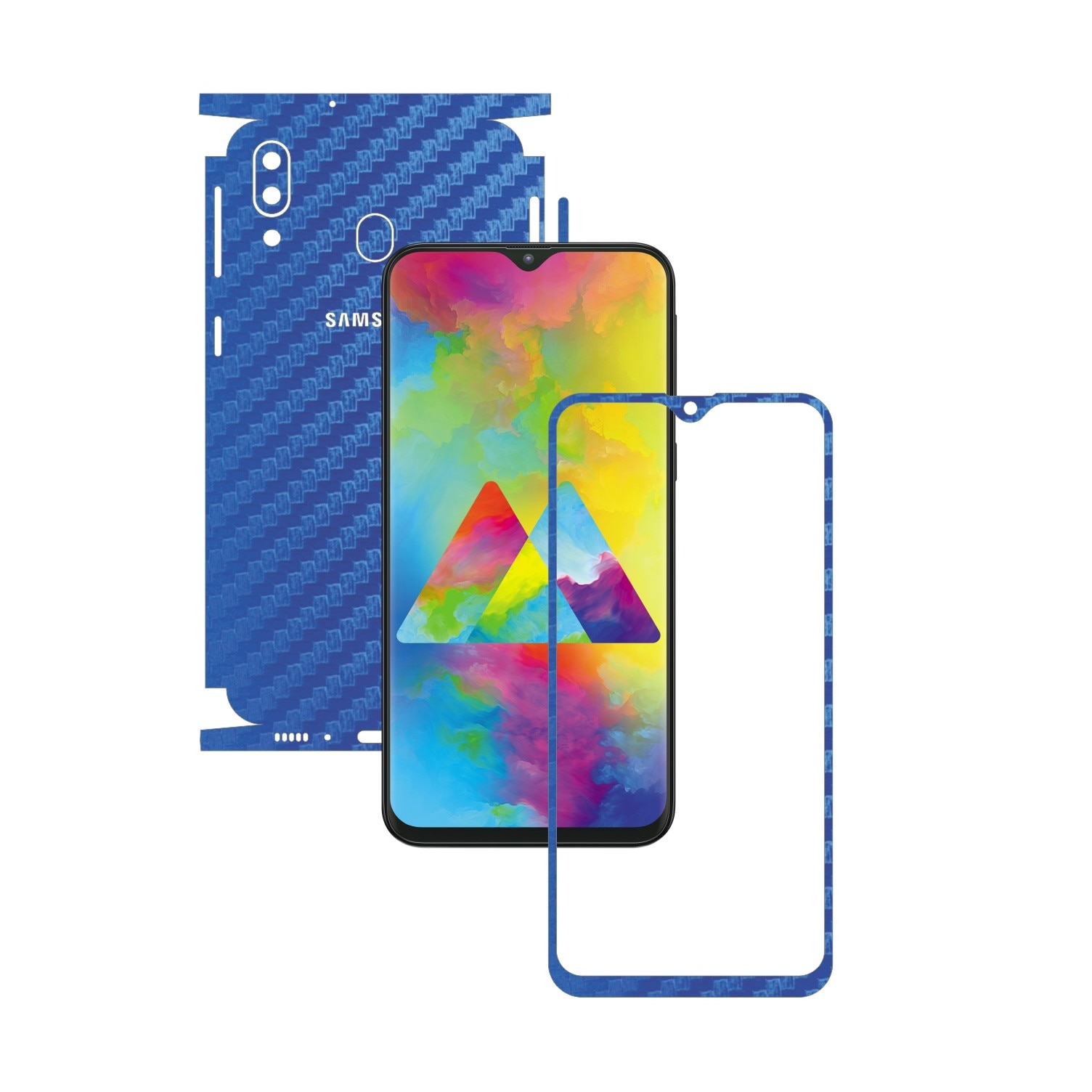 Folie Protectie Carbon Skinz pentru Samsung Galaxy M20 - Carbon Albastru 360 Cut, Skin Adeziv Full Body Cover pentru Rama Ecran, Carcasa Spate si Laterale