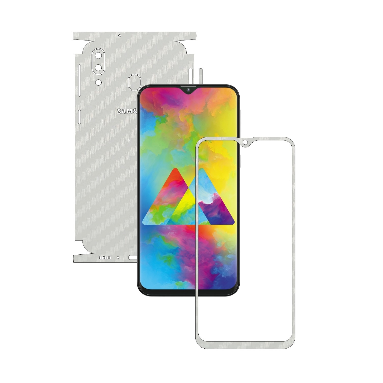 Folie Protectie Carbon Skinz pentru Samsung Galaxy M20 - Carbon Alb 360 Cut, Skin Adeziv Full Body Cover pentru Rama Ecran, Carcasa Spate si Laterale