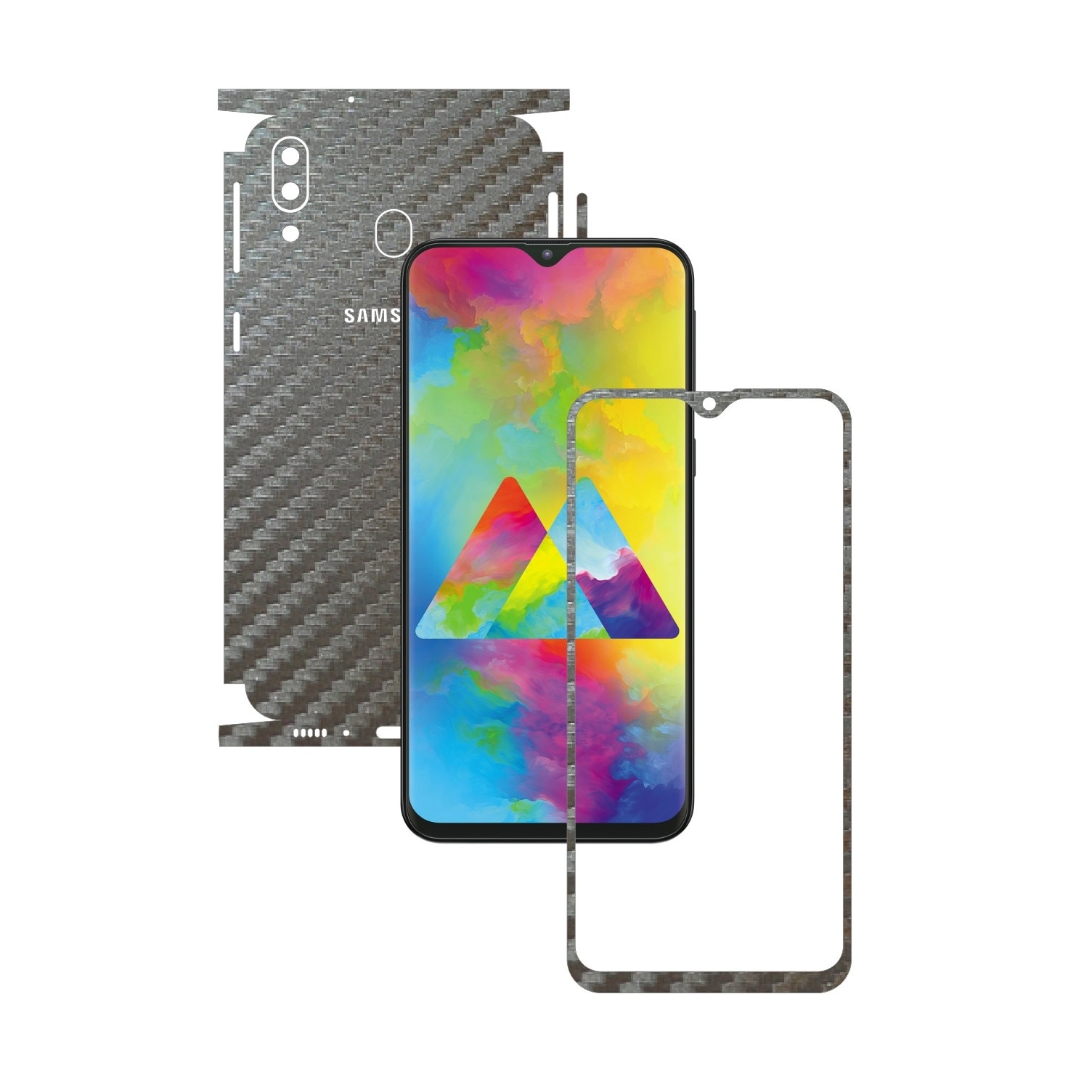 Folie Protectie Carbon Skinz pentru Samsung Galaxy M20 - Carbon Gri Argintiu 360 Cut, Skin Adeziv Full Body Cover pentru Rama Ecran, Carcasa Spate si Laterale