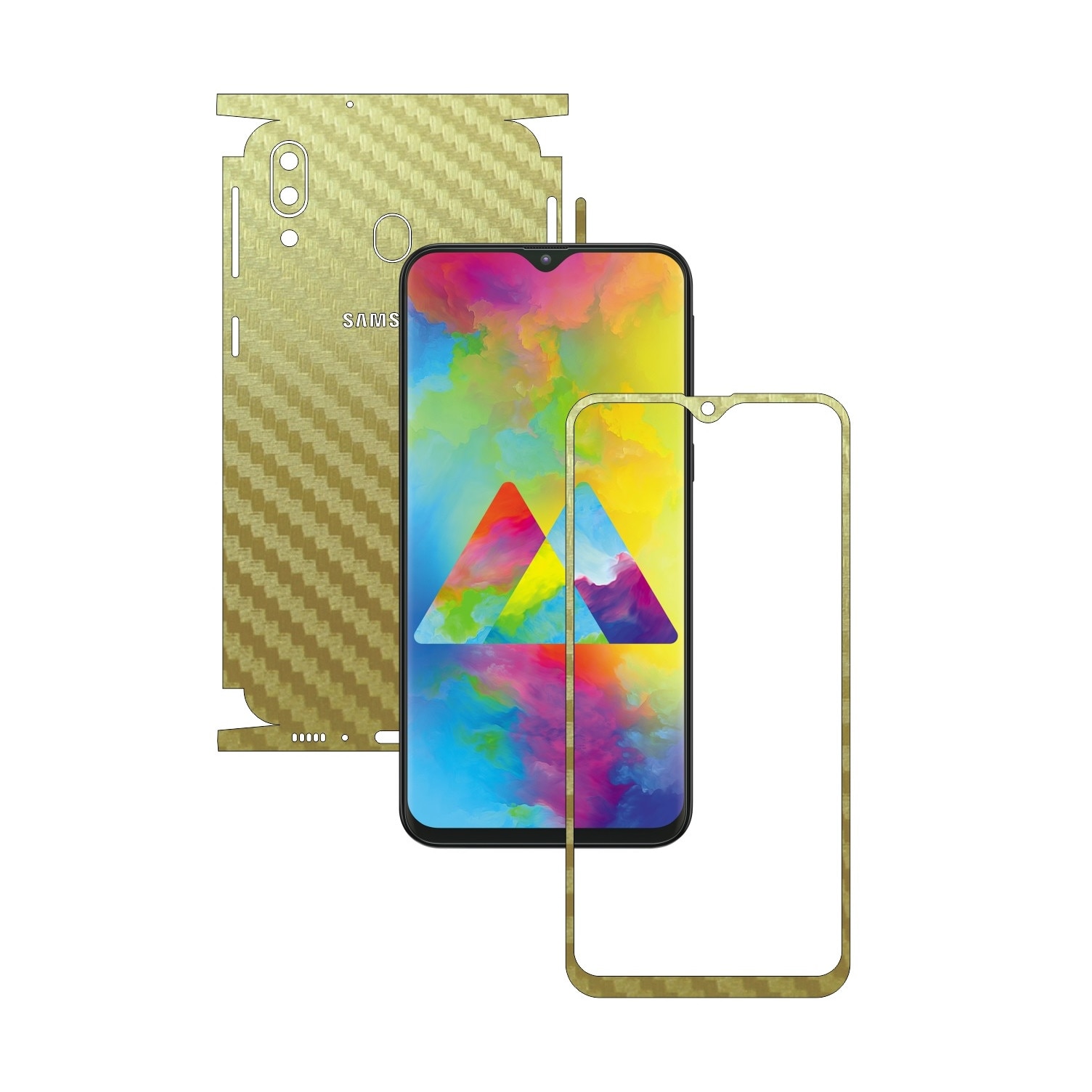 Folie Protectie Carbon Skinz pentru Samsung Galaxy M20 - Carbon Auriu 360 Cut, Skin Adeziv Full Body Cover pentru Rama Ecran, Carcasa Spate si Laterale