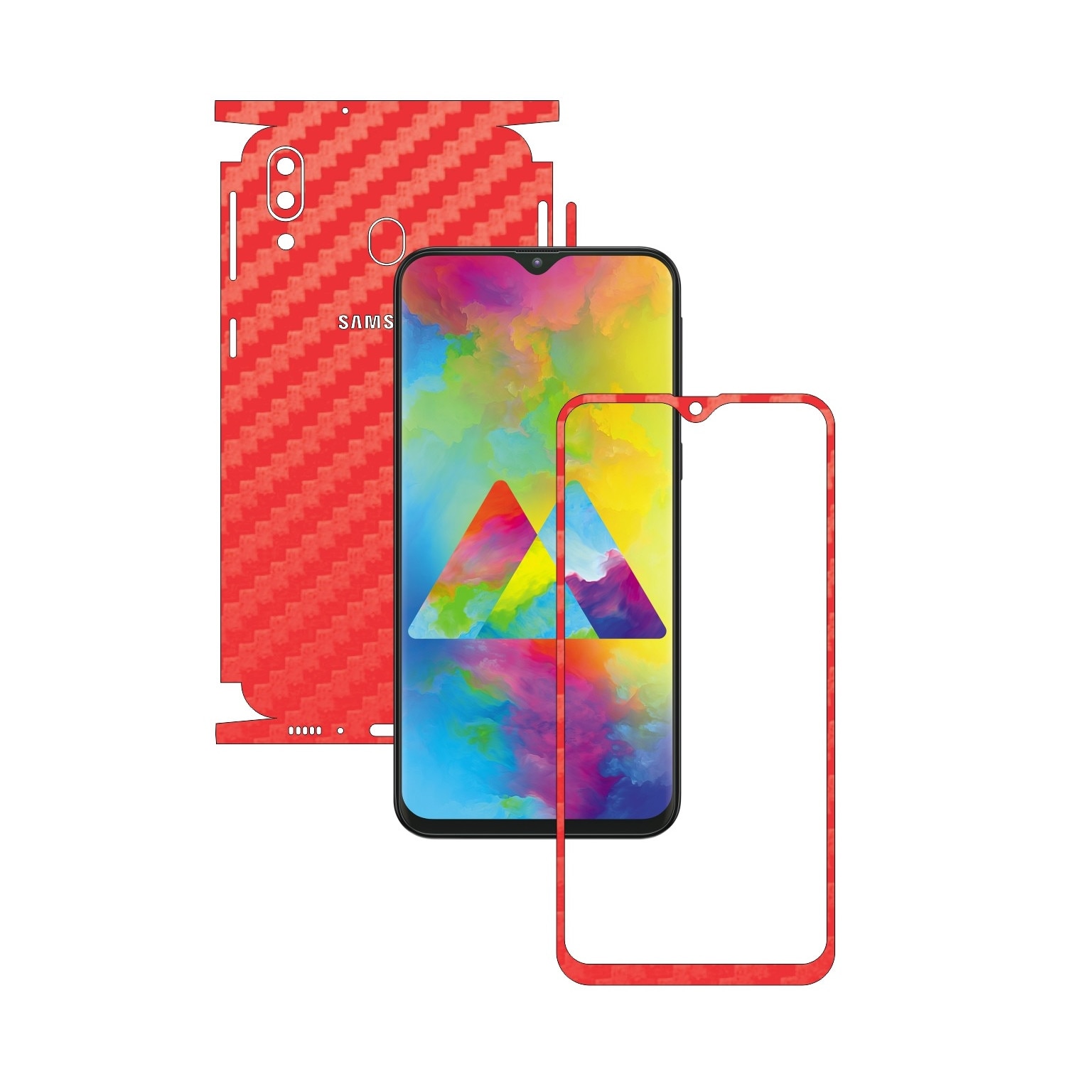 Folie Protectie Carbon Skinz pentru Samsung Galaxy M20 - Carbon Rosu 360 Cut, Skin Adeziv Full Body Cover pentru Rama Ecran, Carcasa Spate si Laterale