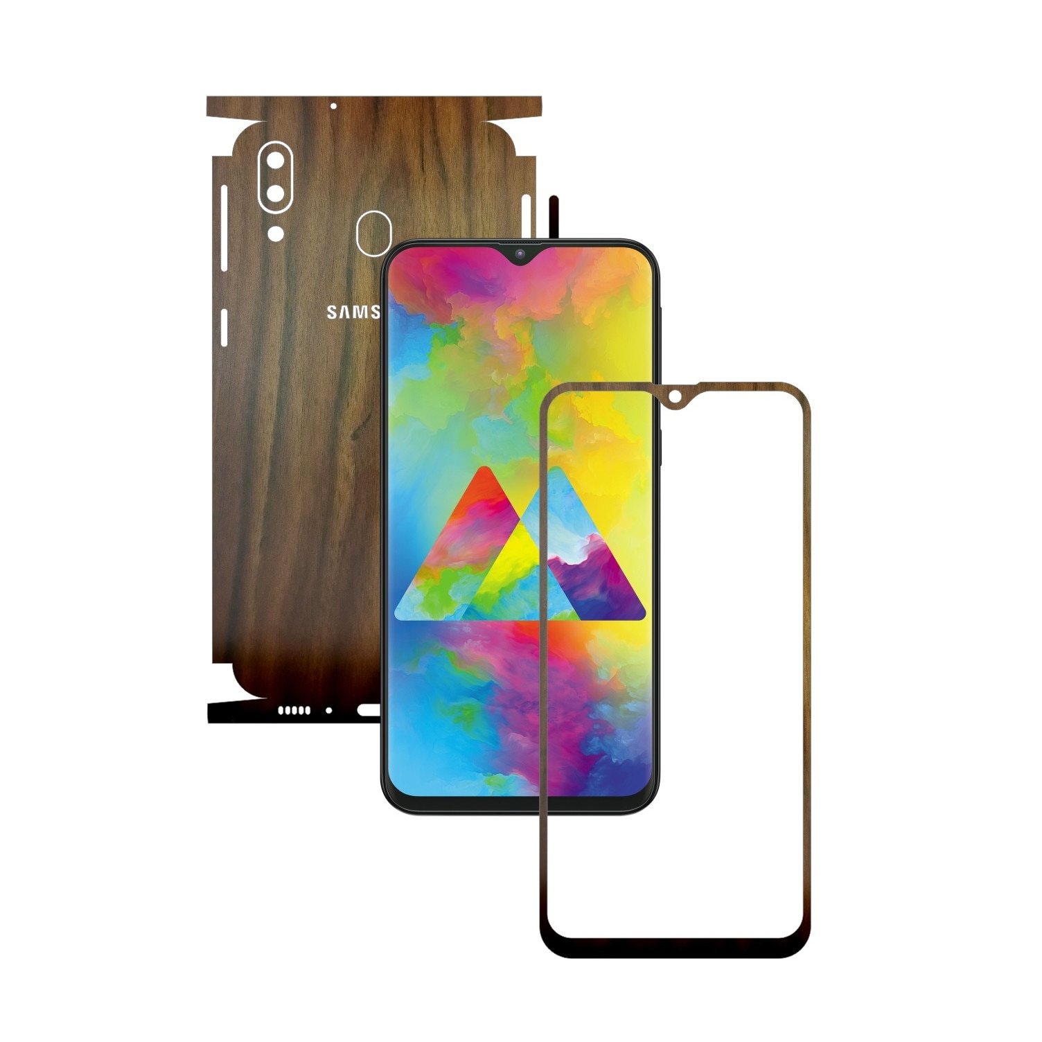 Folie Protectie Carbon Skinz pentru Samsung Galaxy M20 - Lemn Nuc 360 Cut, Skin Adeziv Full Body Cover pentru Rama Ecran, Carcasa Spate si Laterale