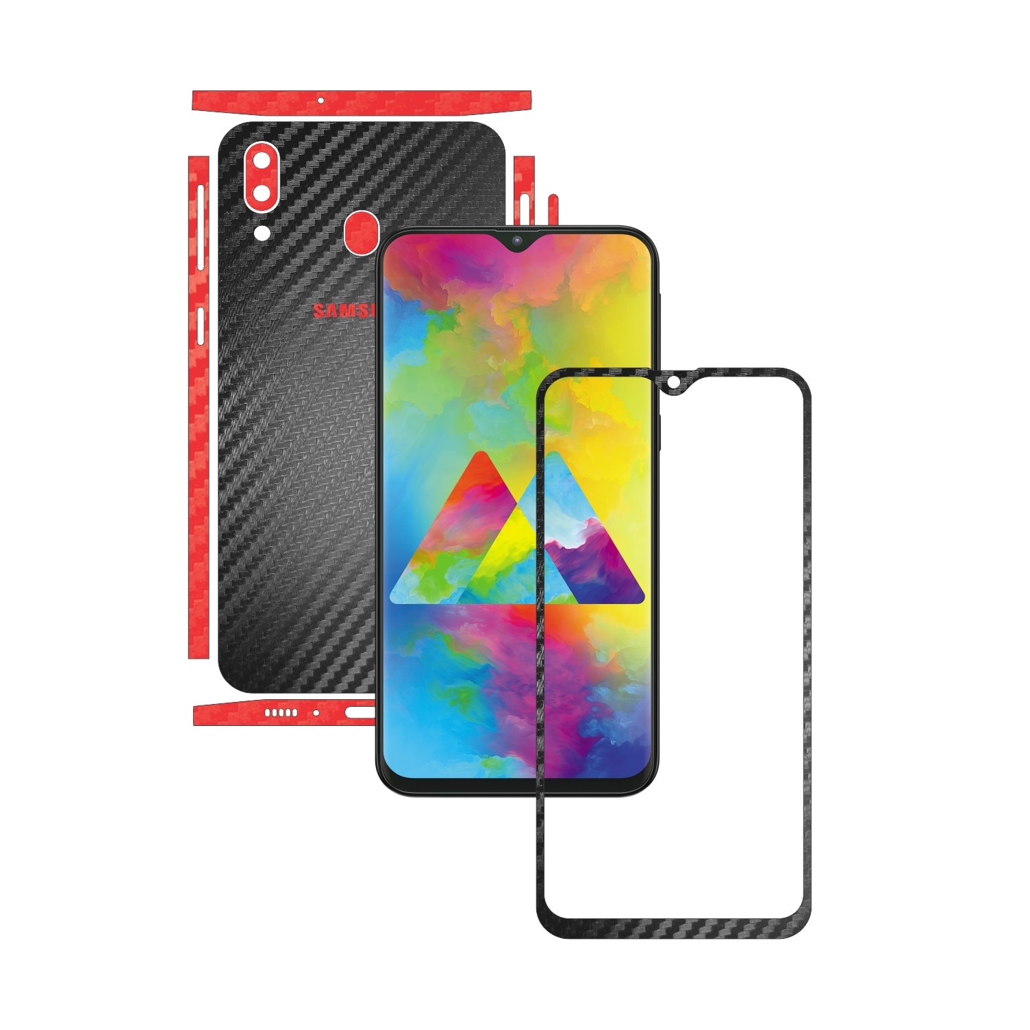 Folie Protectie Carbon Skinz pentru Samsung Galaxy M20 - Carbon Two Tone Negru / Rosu, Skin Adeziv Full Body Cover pentru Rama Ecran, Carcasa Spate si Laterale