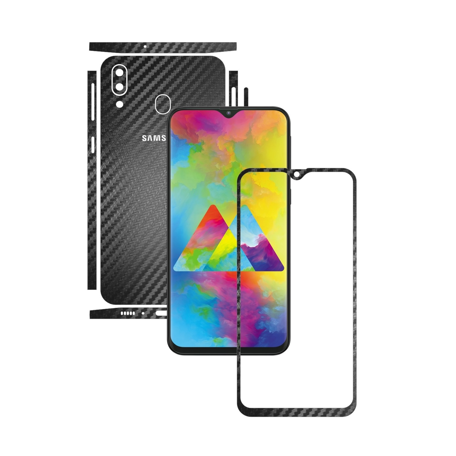 Folie Protectie Carbon Skinz pentru Samsung Galaxy M20 - Carbon Negru Split Cut, Skin Adeziv Full Body Cover pentru Rama Ecran, Carcasa Spate si Laterale