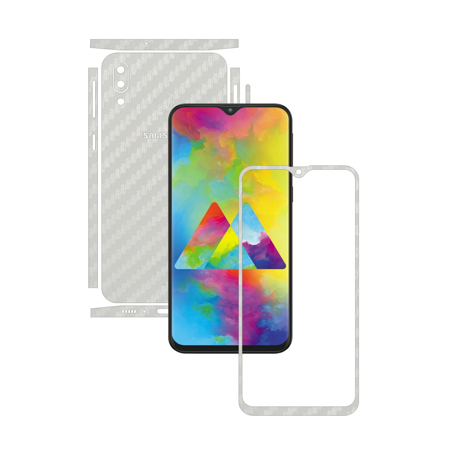 Folie Protectie Carbon Skinz pentru Samsung Galaxy M20 - Carbon Alb Split Cut, Skin Adeziv Full Body Cover pentru Rama Ecran, Carcasa Spate si Laterale