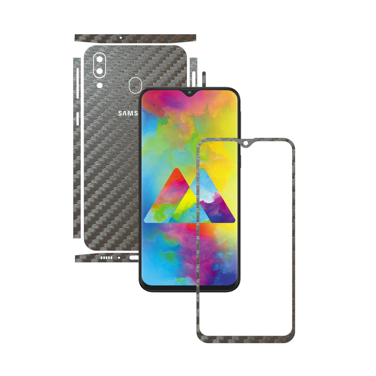 Folie Protectie Carbon Skinz pentru Samsung Galaxy M20 - Carbon Gri Argintiu Split Cut, Skin Adeziv Full Body Cover pentru Rama Ecran, Carcasa Spate si Laterale