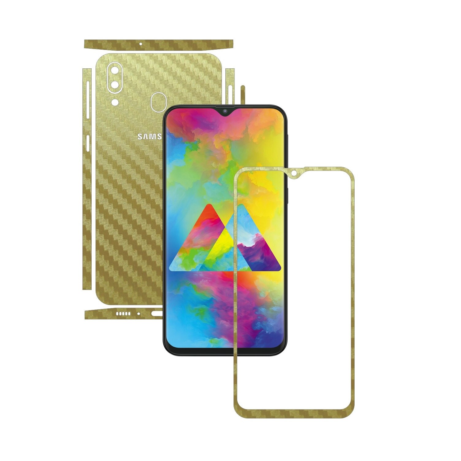 Folie Protectie Carbon Skinz pentru Samsung Galaxy M20 - Carbon Auriu Split Cut, Skin Adeziv Full Body Cover pentru Rama Ecran, Carcasa Spate si Laterale