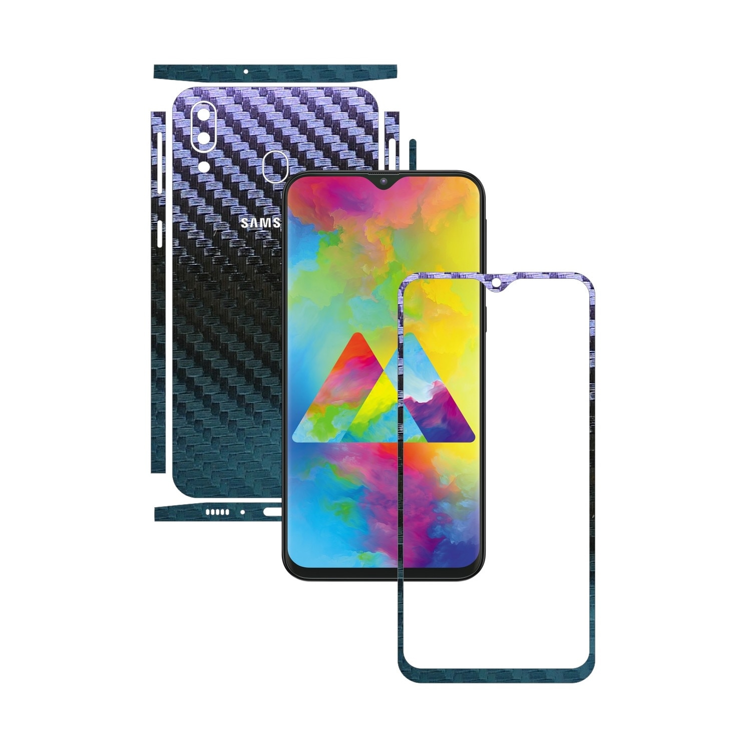 Folie Protectie Carbon Skinz pentru Samsung Galaxy M20 - Carbon Cameleon Split Cut, Skin Adeziv Full Body Cover pentru Rama Ecran, Carcasa Spate si Laterale