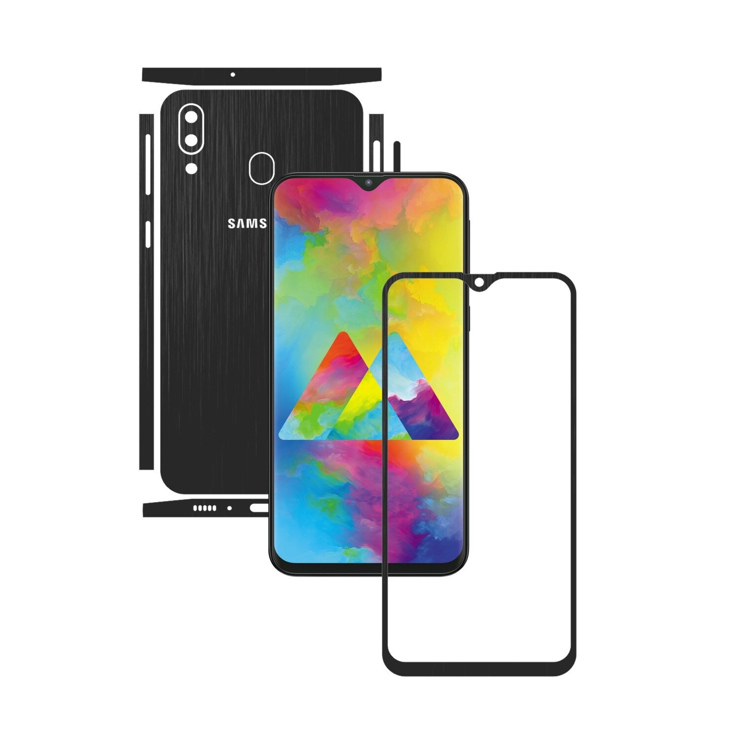 Folie Protectie Carbon Skinz pentru Samsung Galaxy M20 - Brushed Negru Split Cut, Skin Adeziv Full Body Cover pentru Rama Ecran, Carcasa Spate si Laterale