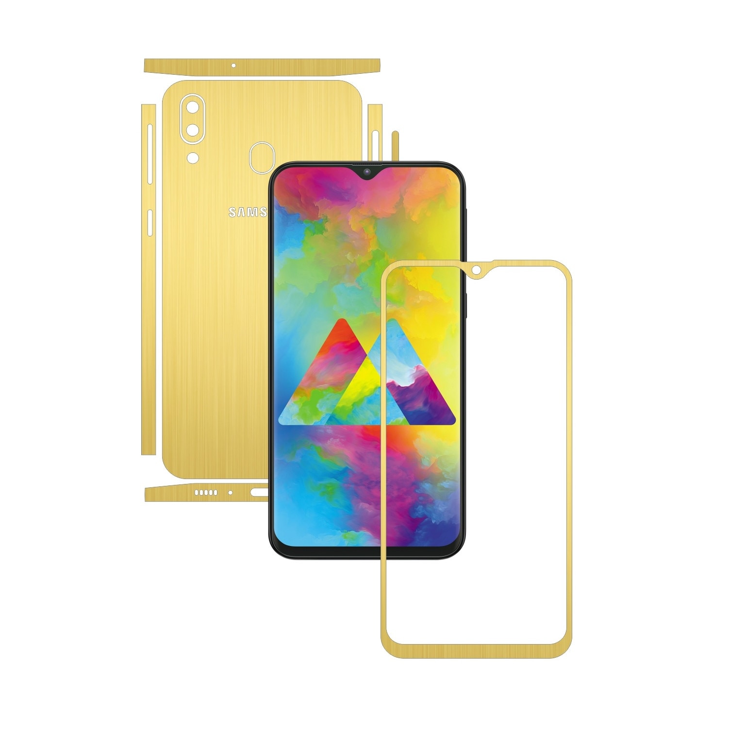 Folie Protectie Carbon Skinz pentru Samsung Galaxy M20 - Brushed Auriu Split Cut, Skin Adeziv Full Body Cover pentru Rama Ecran, Carcasa Spate si Laterale