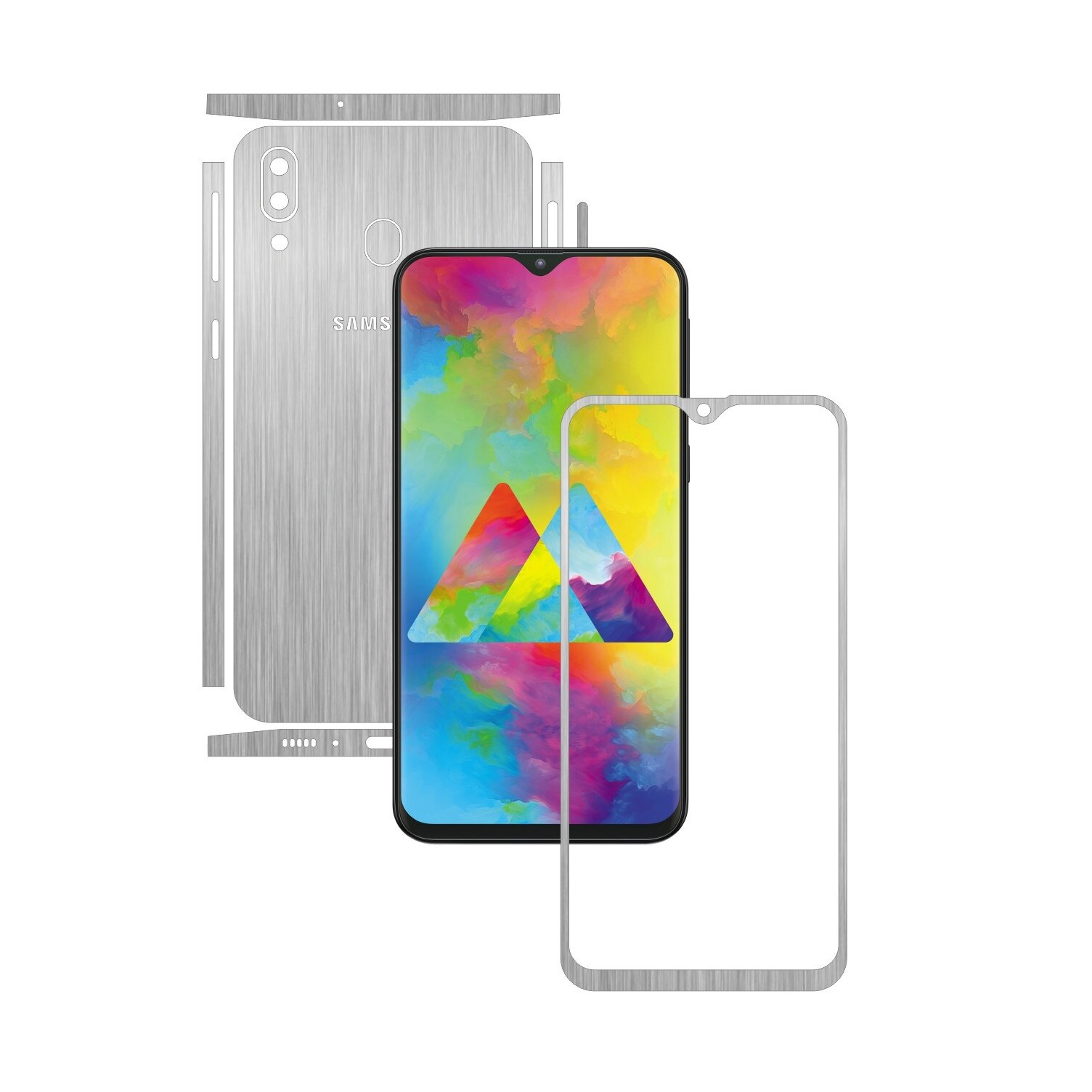 Folie Protectie Carbon Skinz pentru Samsung Galaxy M20 - Brushed Argintiu Split Cut, Skin Adeziv Full Body Cover pentru Rama Ecran, Carcasa Spate si Laterale