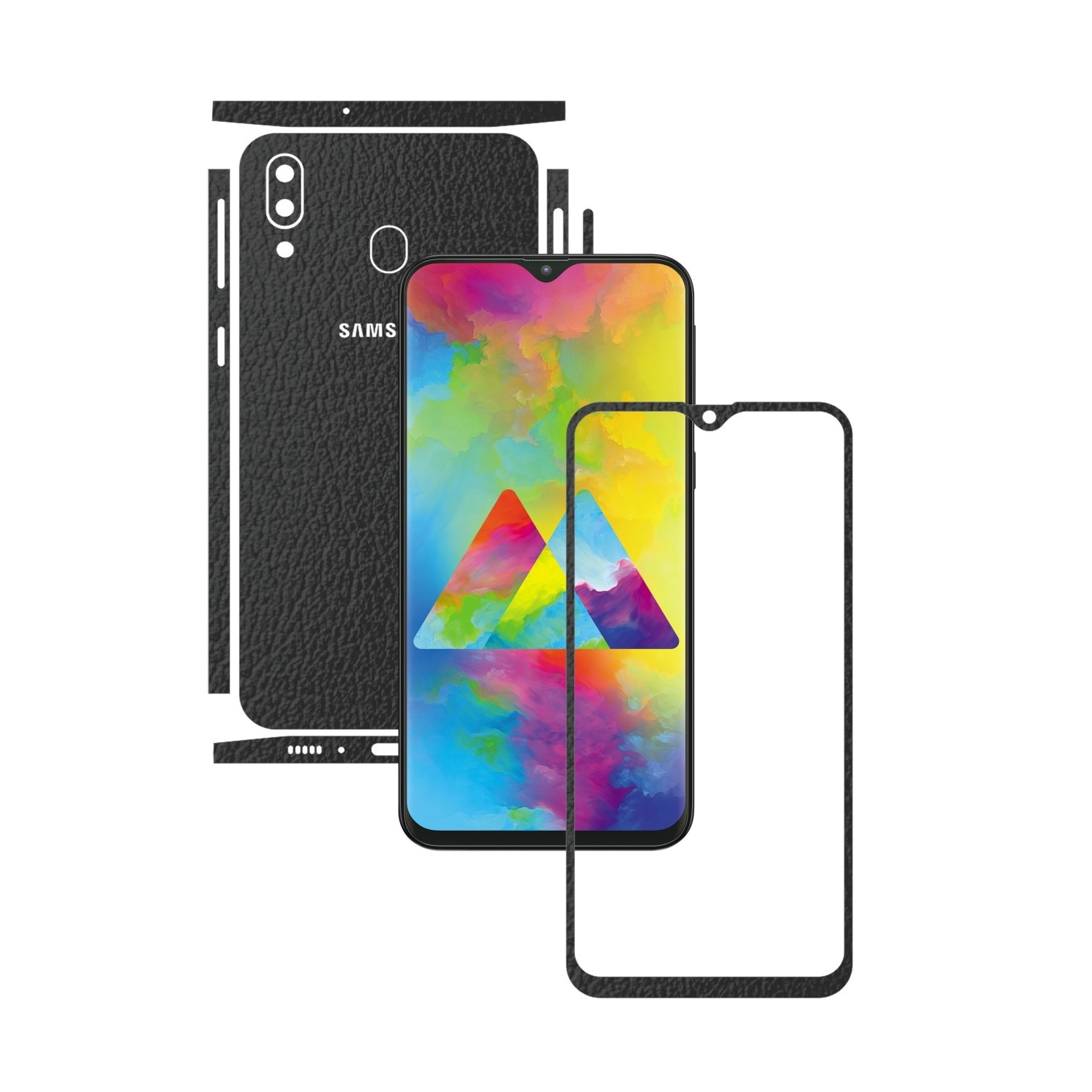 Folie Protectie Carbon Skinz pentru Samsung Galaxy M20 - Piele Neagra Split Cut, Skin Adeziv Full Body Cover pentru Rama Ecran, Carcasa Spate si Laterale