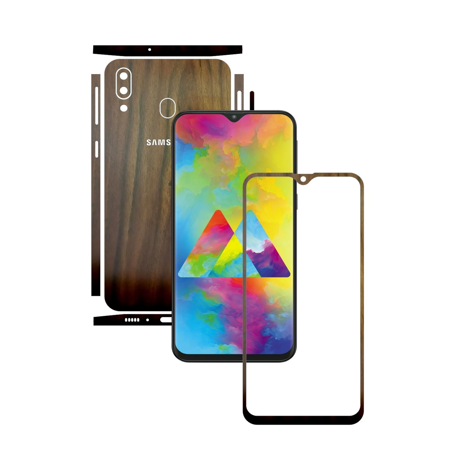 Folie Protectie Carbon Skinz pentru Samsung Galaxy M20 - Lemn Nuc Split Cut, Skin Adeziv Full Body Cover pentru Rama Ecran, Carcasa Spate si Laterale