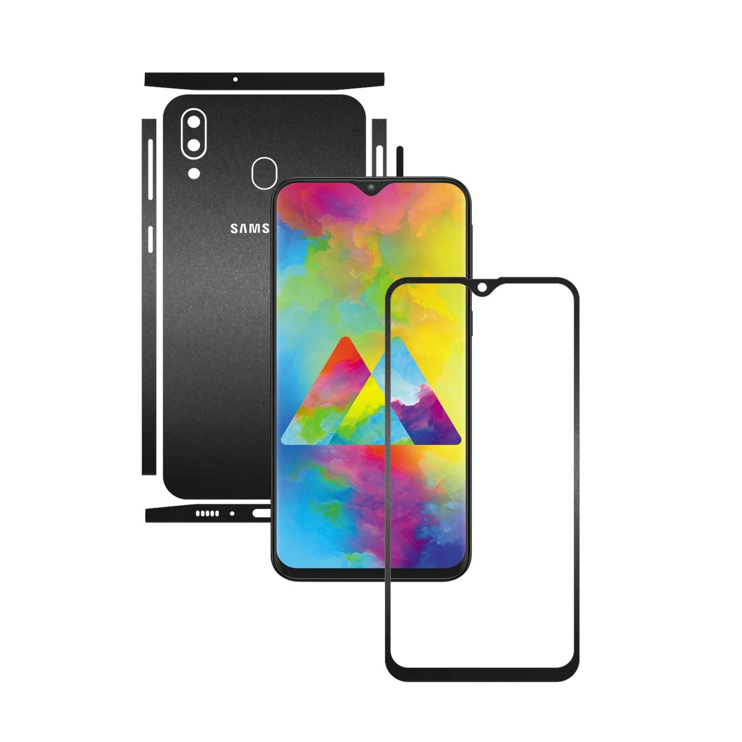 Folie Protectie Carbon Skinz pentru Samsung Galaxy M20 - Negru Mat Split Cut, Skin Adeziv Full Body Cover pentru Rama Ecran, Carcasa Spate si Laterale