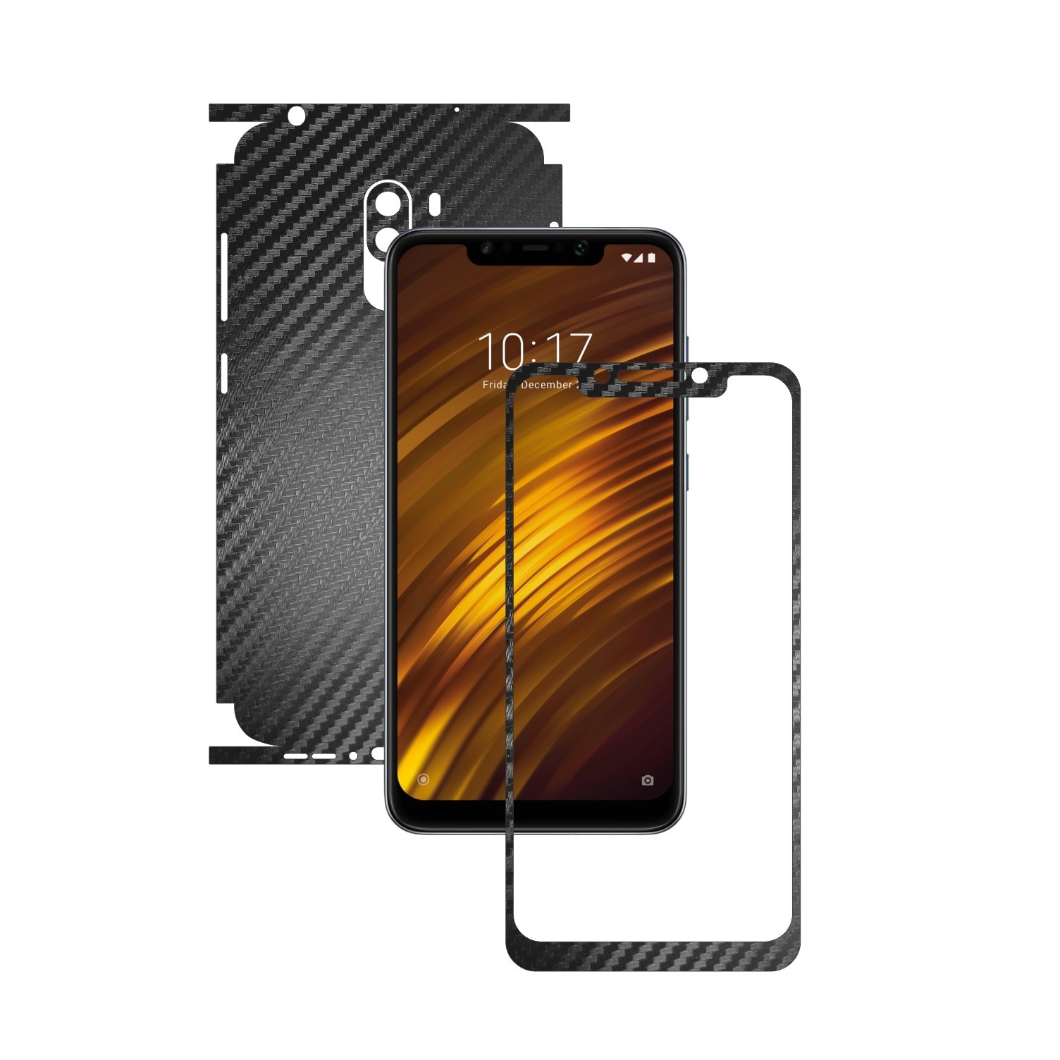 Folie Protectie Carbon Skinz pentru Xiaomi Pocophone F1 - Carbon Negru 360 Cut, Skin Adeziv Full Body Cover pentru Rama Ecran, Carcasa Spate si Laterale