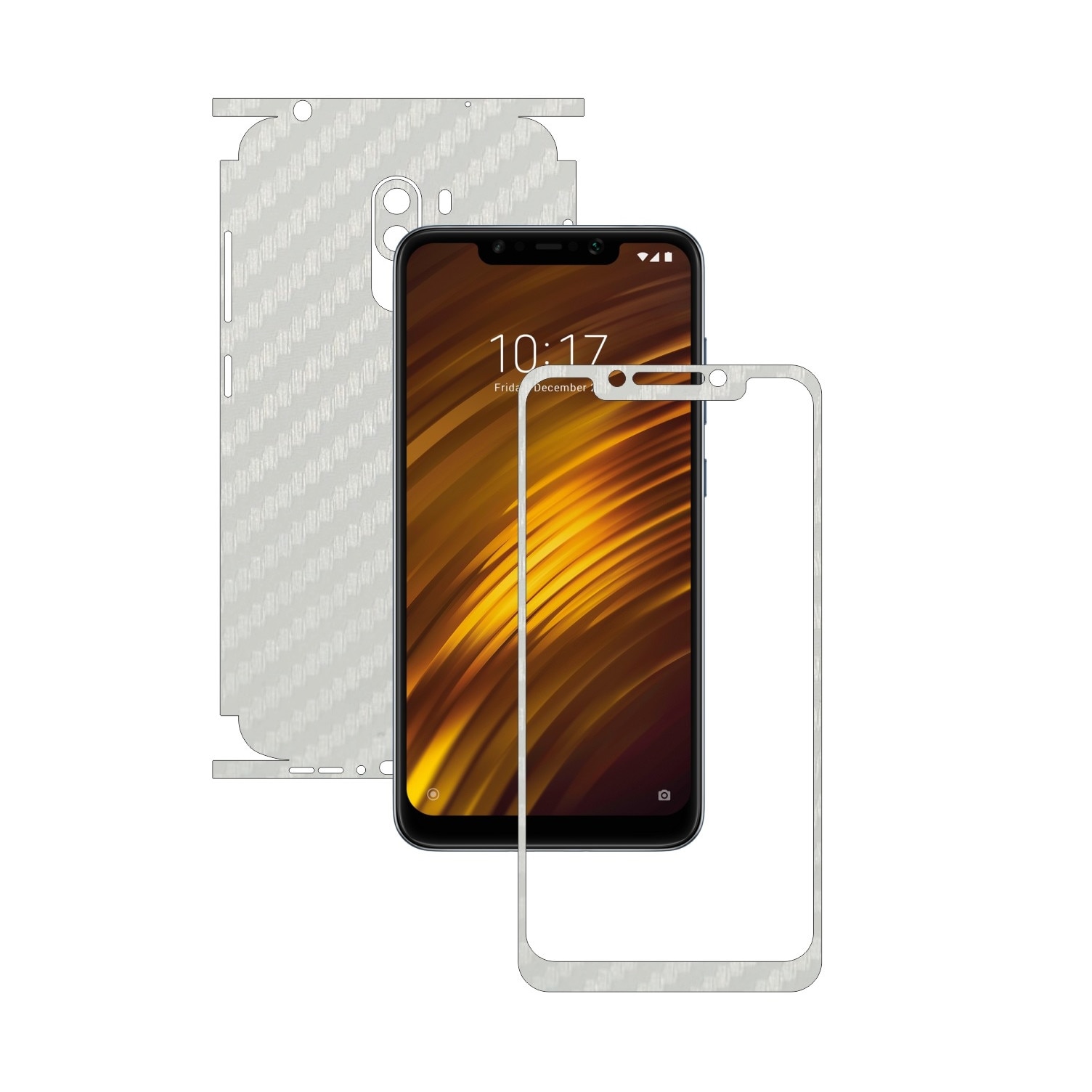 Folie Protectie Carbon Skinz pentru Xiaomi Pocophone F1 - Carbon Alb 360 Cut, Skin Adeziv Full Body Cover pentru Rama Ecran, Carcasa Spate si Laterale