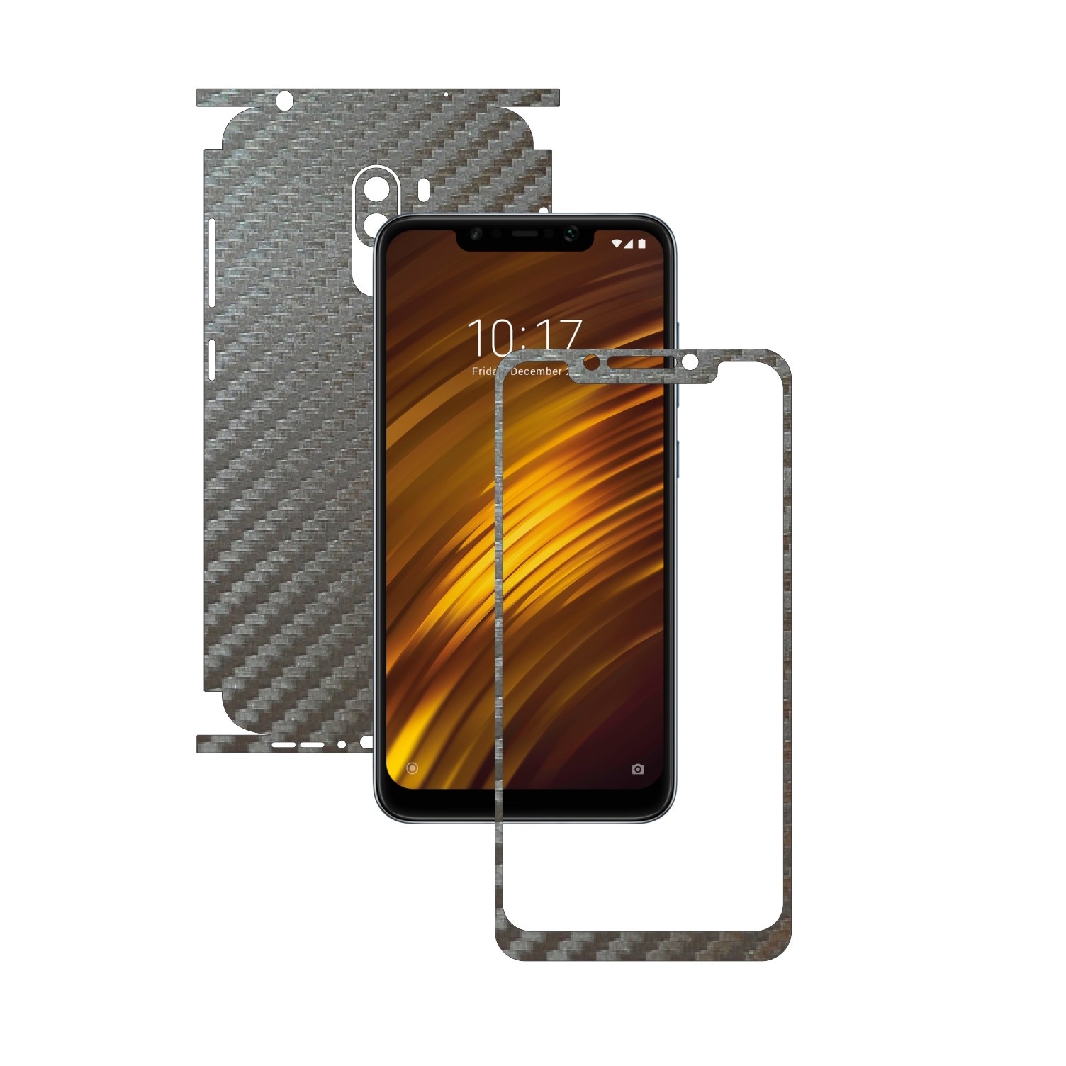 Folie Protectie Carbon Skinz pentru Xiaomi Pocophone F1 - Carbon Gri Argintiu 360 Cut, Skin Adeziv Full Body Cover pentru Rama Ecran, Carcasa Spate si Laterale