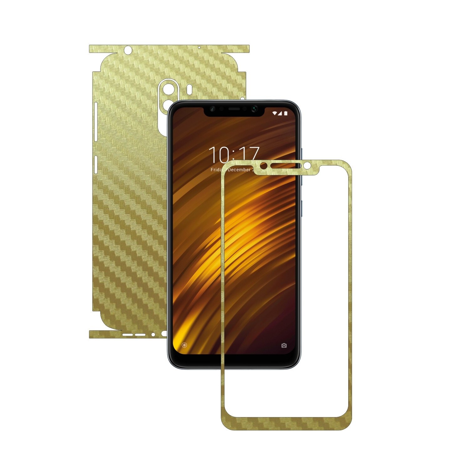 Folie Protectie Carbon Skinz pentru Xiaomi Pocophone F1 - Carbon Auriu 360 Cut, Skin Adeziv Full Body Cover pentru Rama Ecran, Carcasa Spate si Laterale